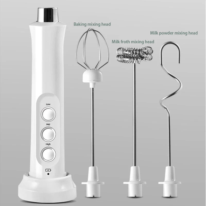 Portable rechargeable electric milk frother with three whisks for versatile use, perfect for making coffee foam.