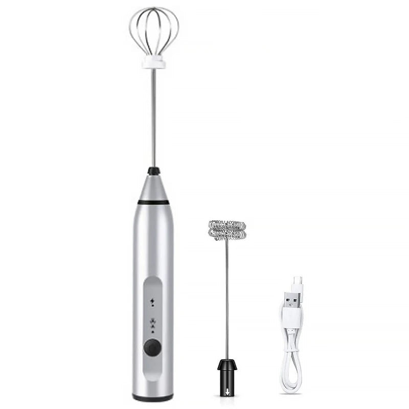 Portable rechargeable electric milk frother with three whisks for versatile use, perfect for making coffee foam.