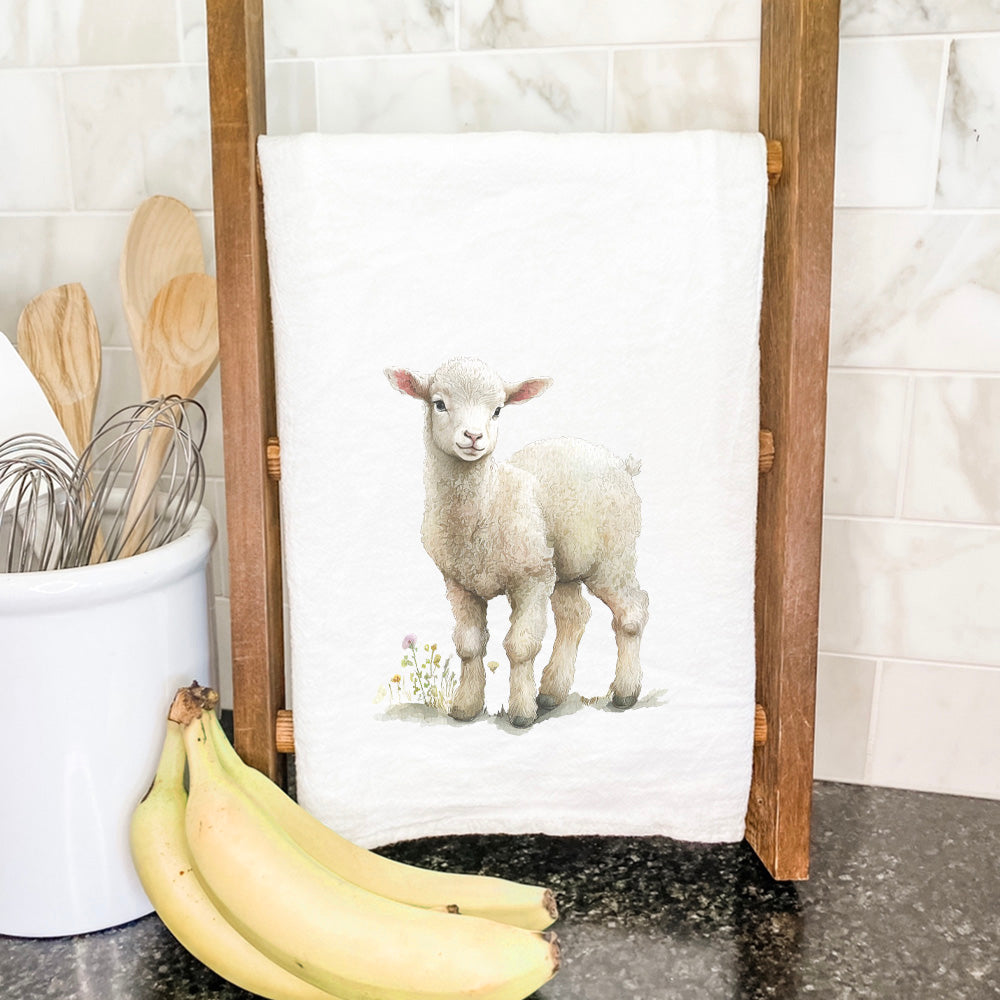 Easter Lamb Cotton Tea Towel featuring a vibrant lamb design, hemmed edges, and a square shape, perfect for festive kitchen decor.