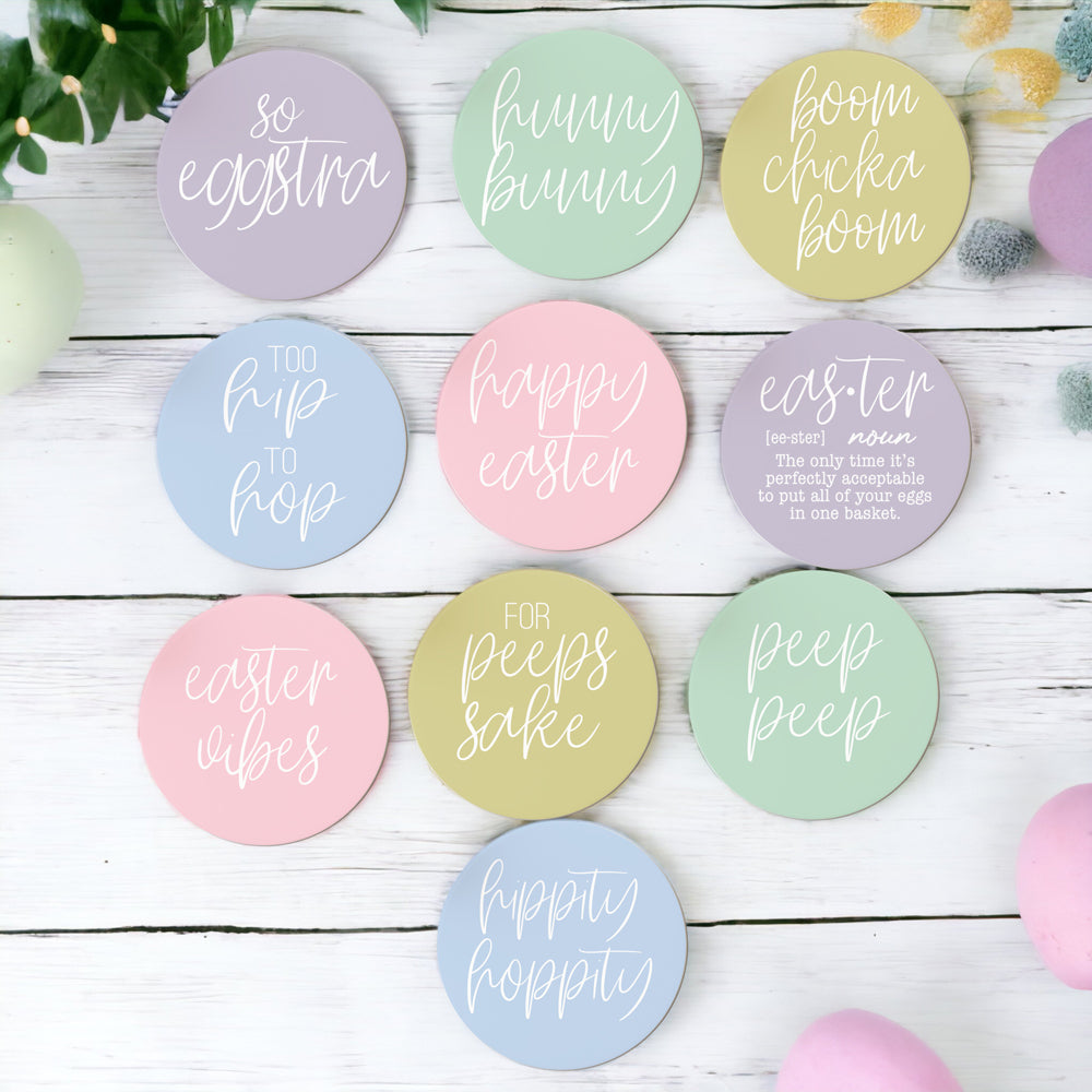 A set of colorful ceramic coasters featuring Easter and spring designs, showcasing a matte finish and cork backing for protection.