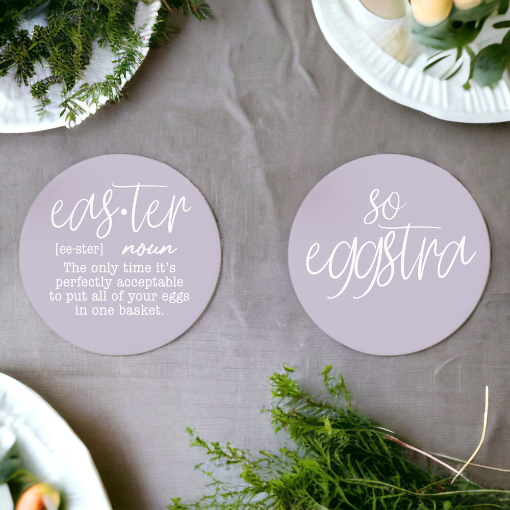 A set of colorful ceramic coasters featuring Easter and spring designs, showcasing a matte finish and cork backing for protection.