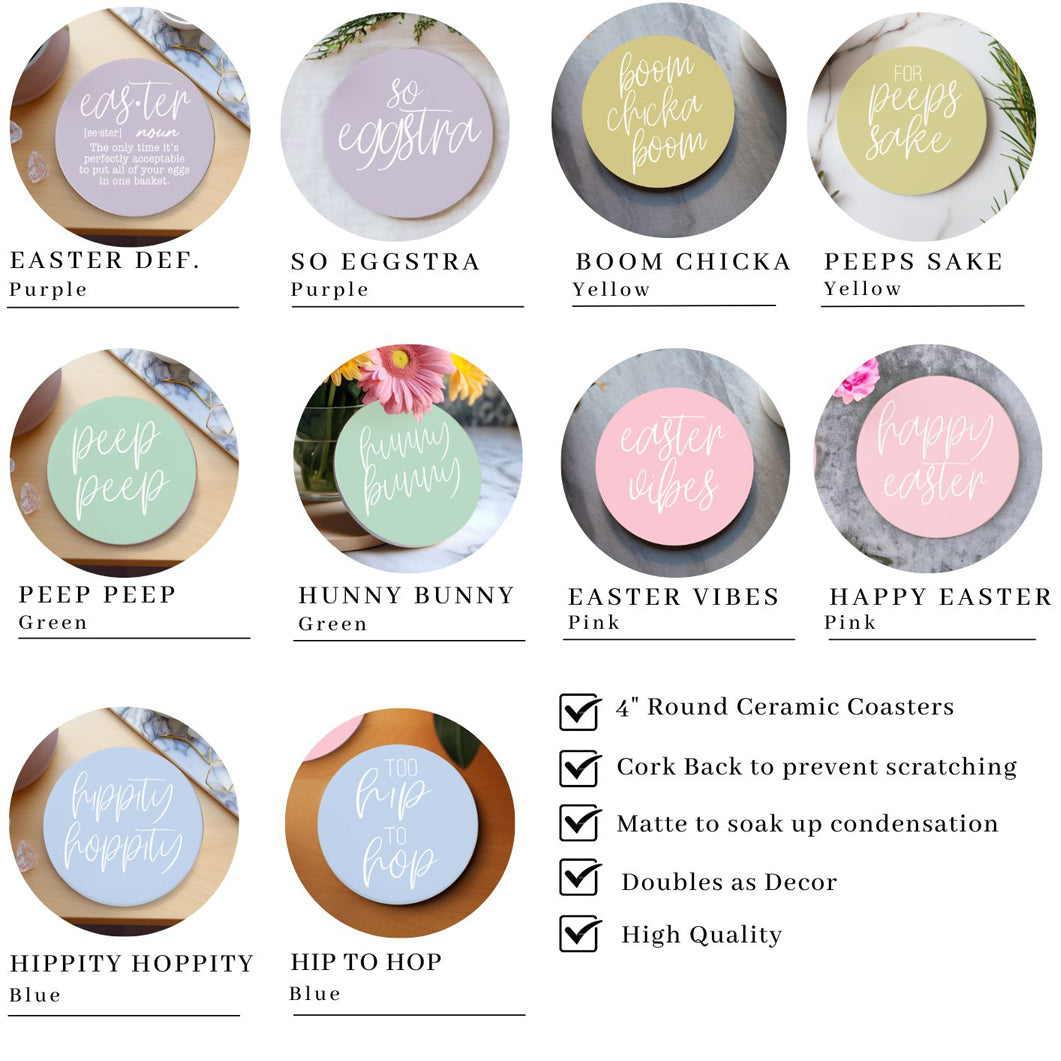 A set of colorful ceramic coasters featuring Easter and spring designs, showcasing a matte finish and cork backing for protection.