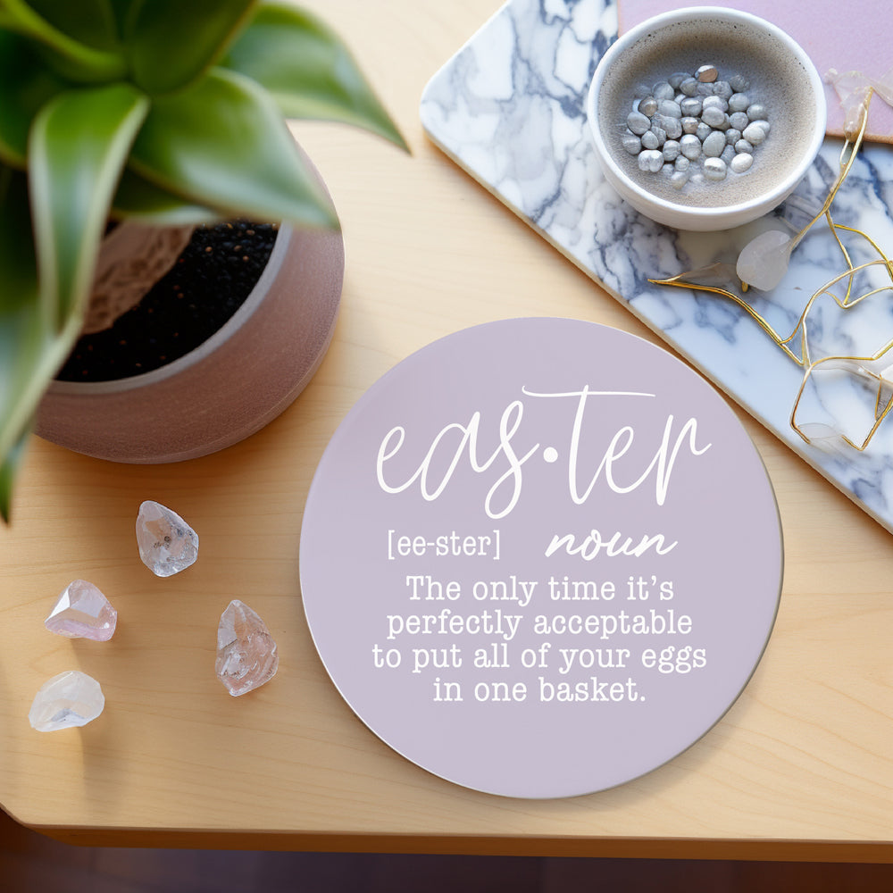 A set of colorful ceramic coasters featuring Easter and spring designs, showcasing a matte finish and cork backing for protection.