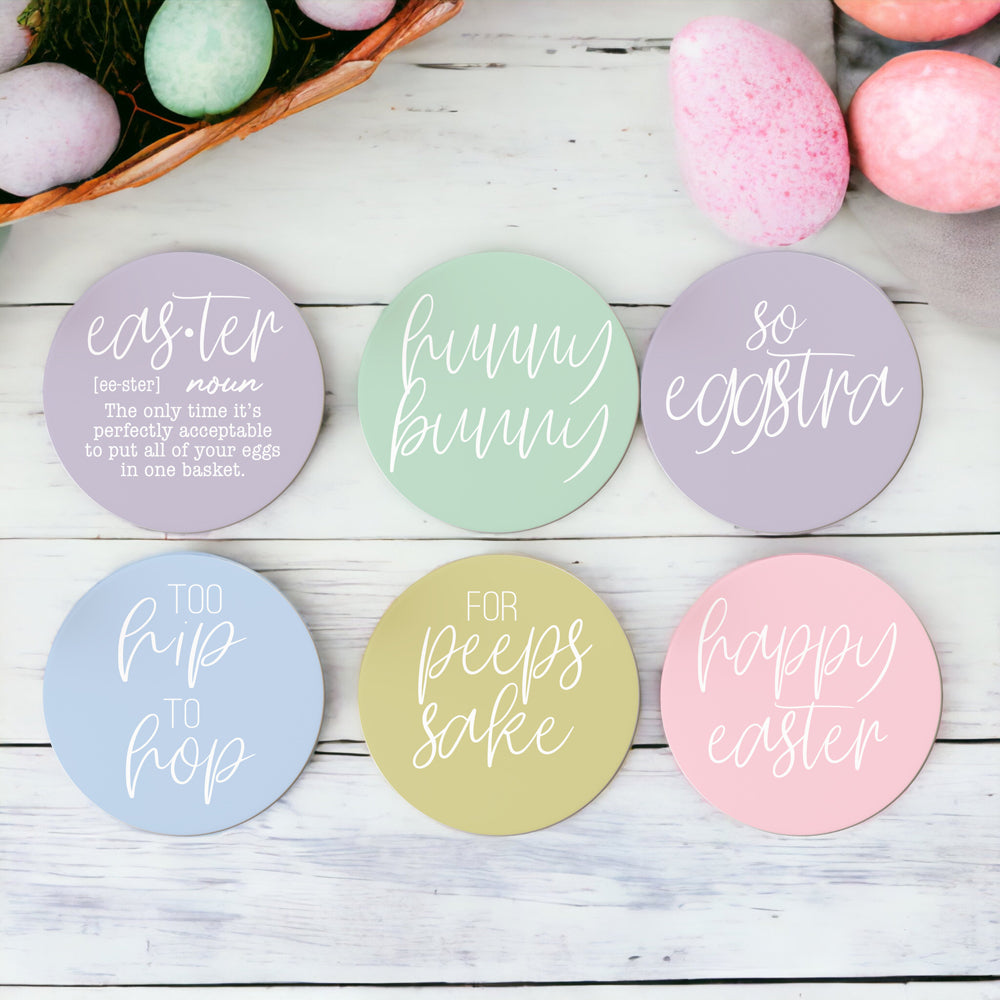 A set of colorful ceramic coasters featuring Easter and spring designs, showcasing a matte finish and cork backing for protection.