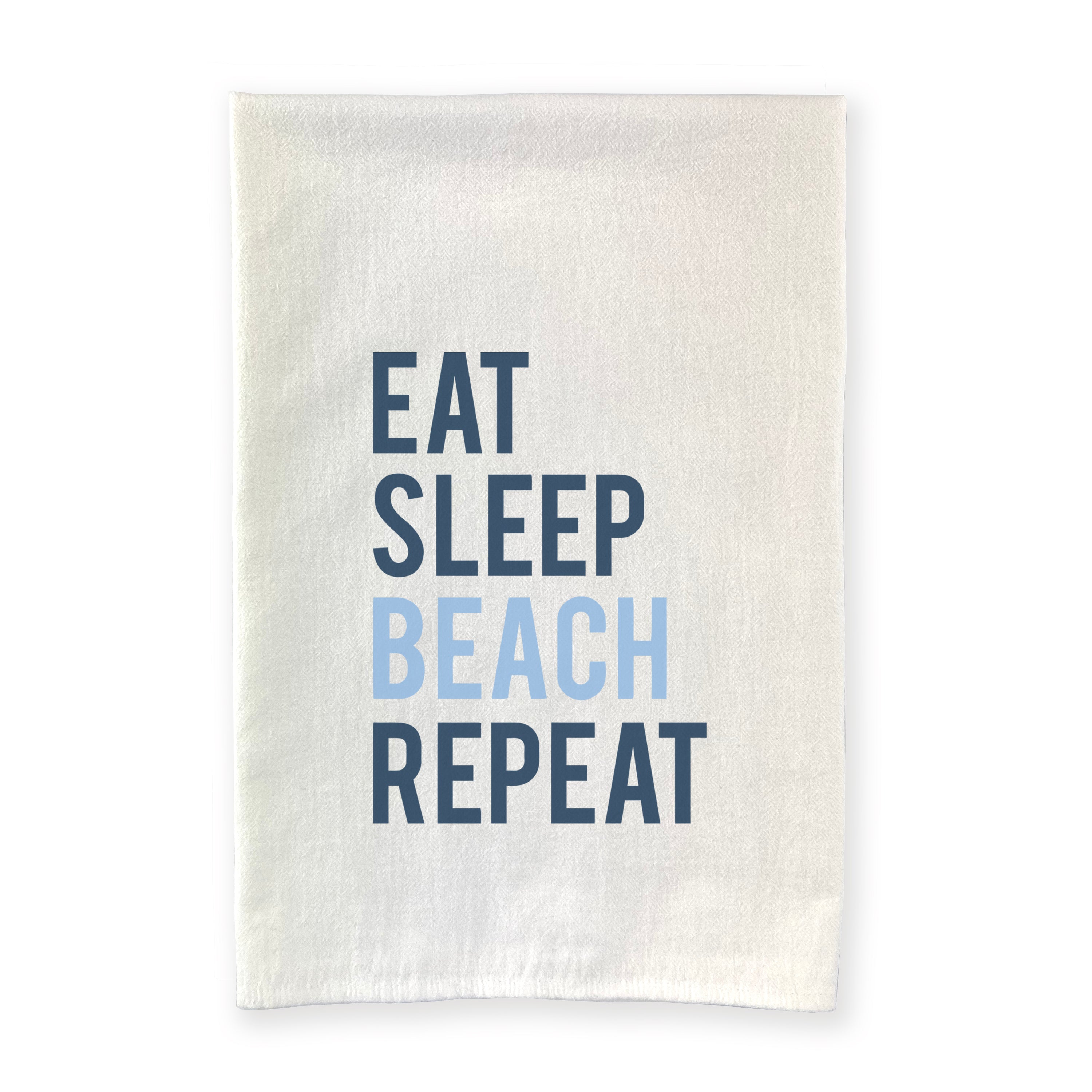 A vibrant cotton tea towel featuring the phrase 'Eat Sleep Beach Repeat', showcasing a beach-themed design with hemmed edges.