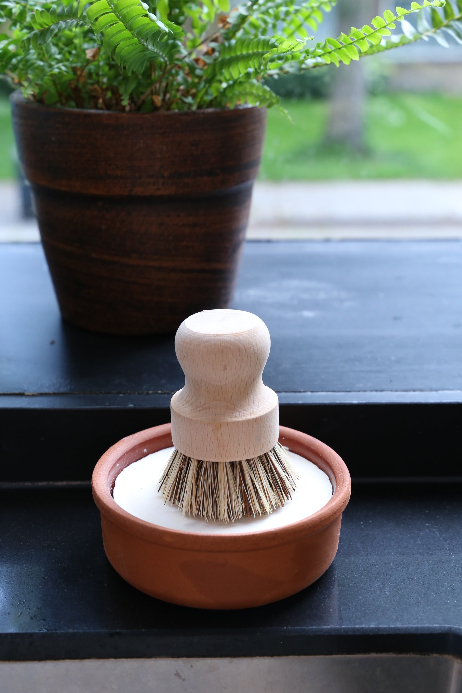 Eco Dish Soap Jar in a terracotta bowl, showcasing its solid bar form and eco-friendly design.