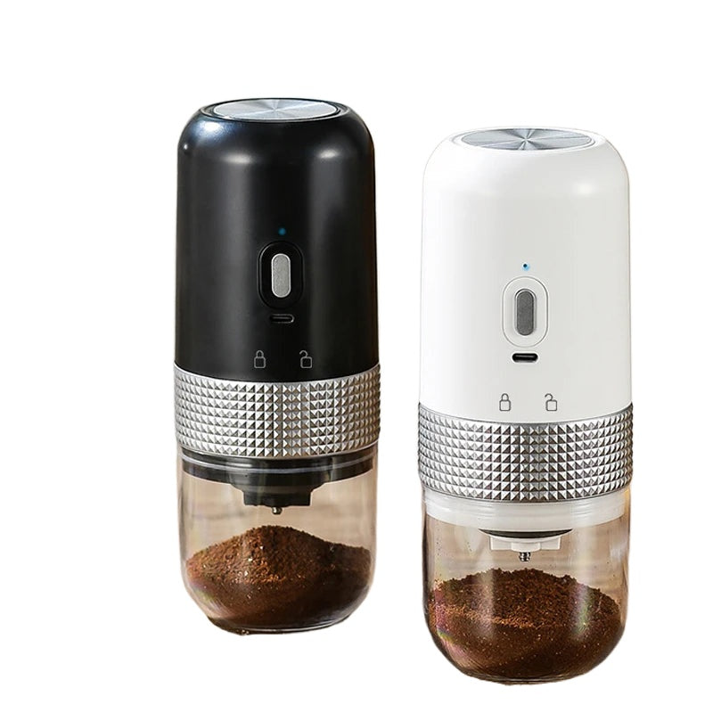 Electric Coffee Grinder Type C USB Charge with ceramic grinding core, compact design in black and white colors.