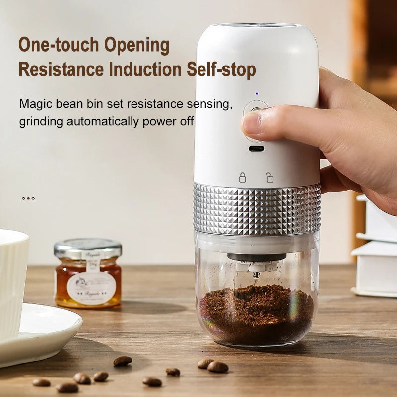 Electric Coffee Grinder Type C USB Charge with ceramic grinding core, compact design in black and white colors.