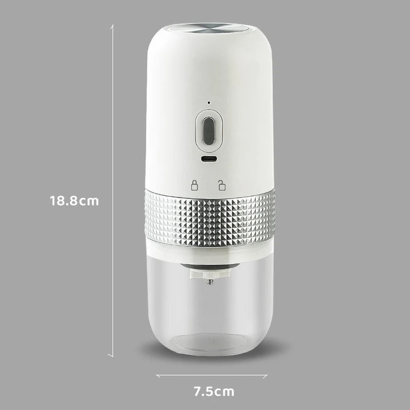 Electric Coffee Grinder Type C USB Charge with ceramic grinding core, compact design in black and white colors.