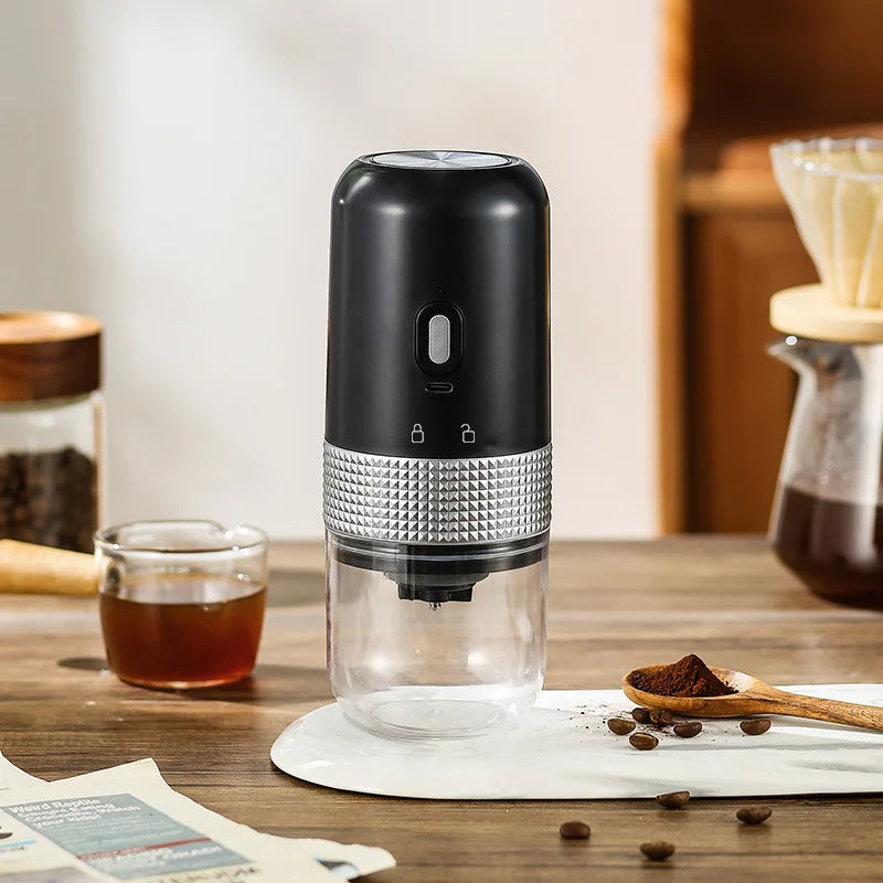 Electric Coffee Grinder Type C USB Charge with ceramic grinding core, compact design in black and white colors.