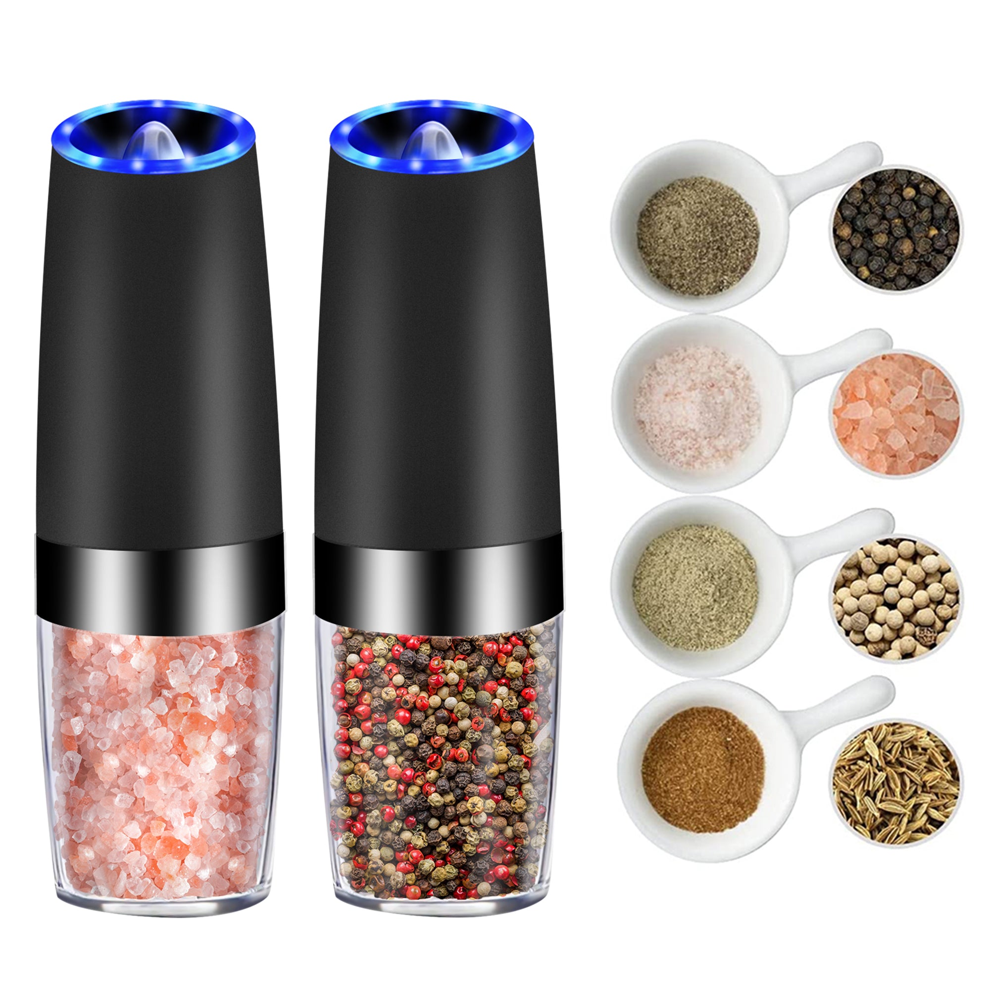 Electric Gravity Sensor Automatic Pepper Grinder with acrylic chamber and ceramic rotor, designed for easy seasoning.