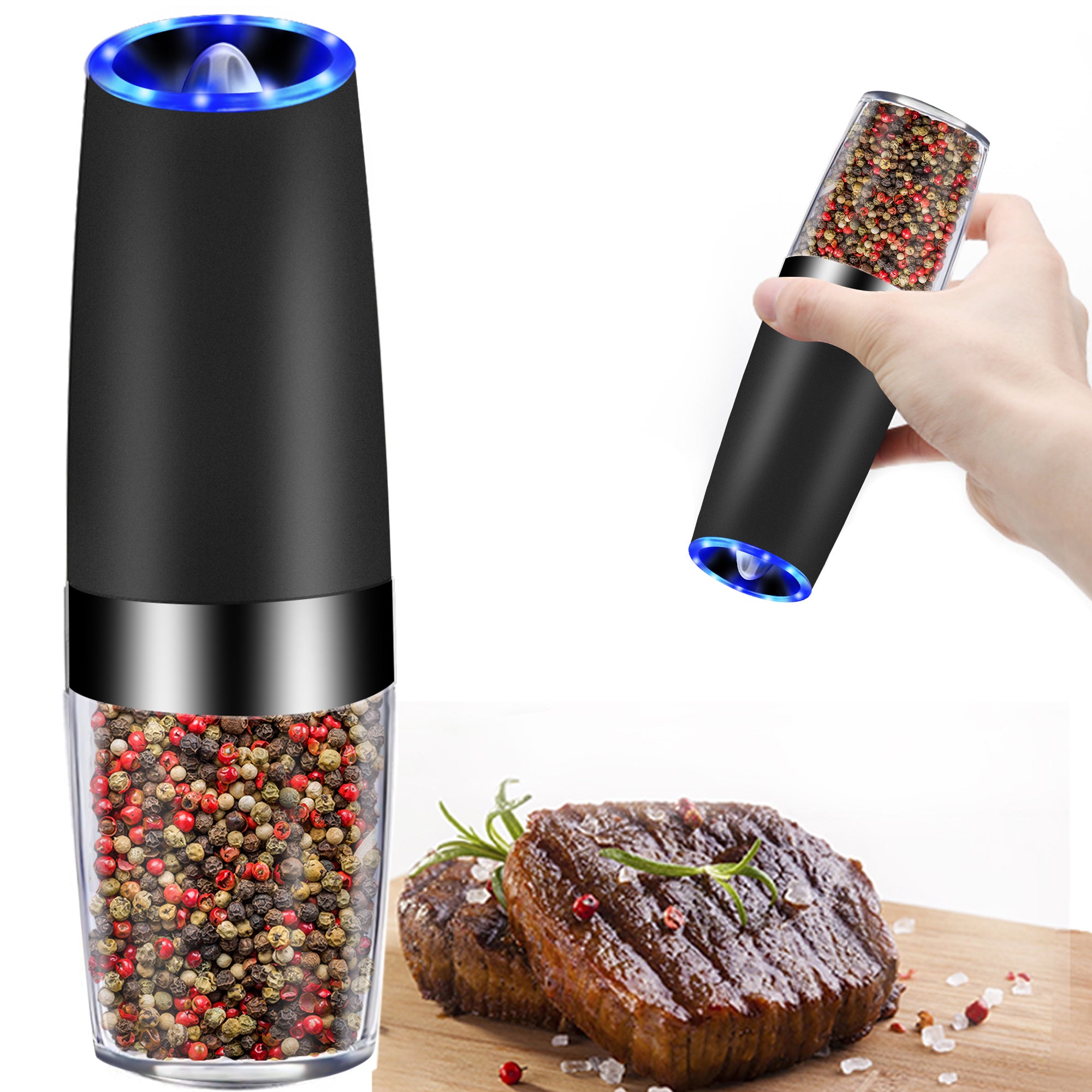 Electric Gravity Sensor Automatic Pepper Grinder with acrylic chamber and ceramic rotor, designed for easy seasoning.