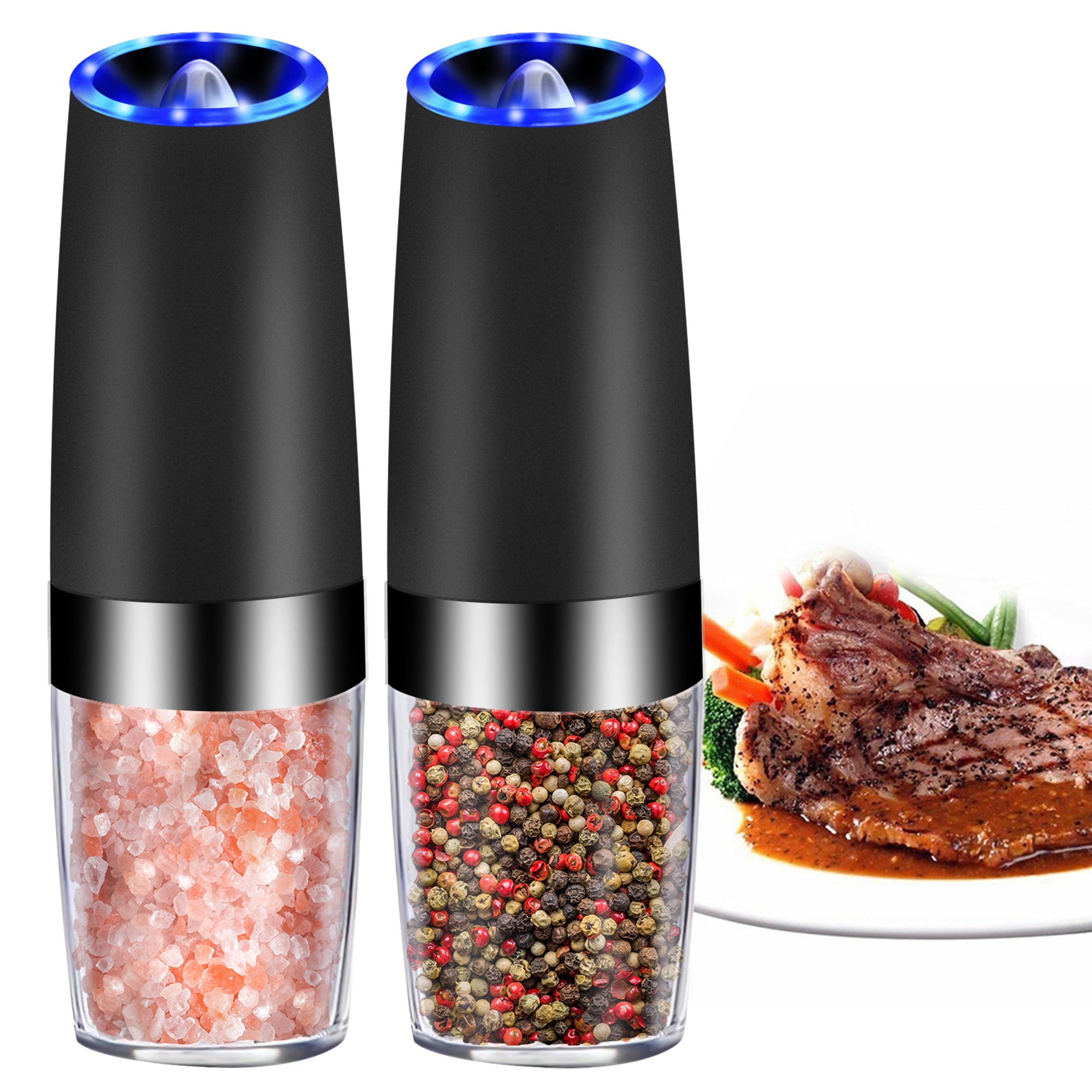 Electric Gravity Sensor Automatic Pepper Grinder with acrylic chamber and ceramic rotor, designed for easy seasoning.