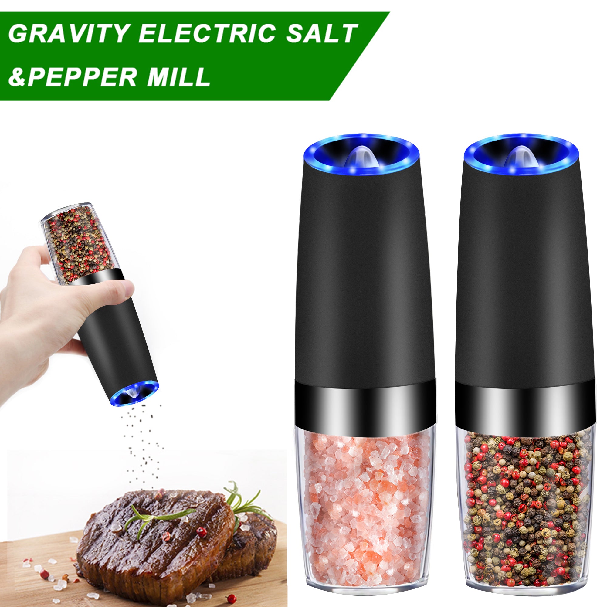 Electric Gravity Sensor Automatic Pepper Grinder with acrylic chamber and ceramic rotor, designed for easy seasoning.