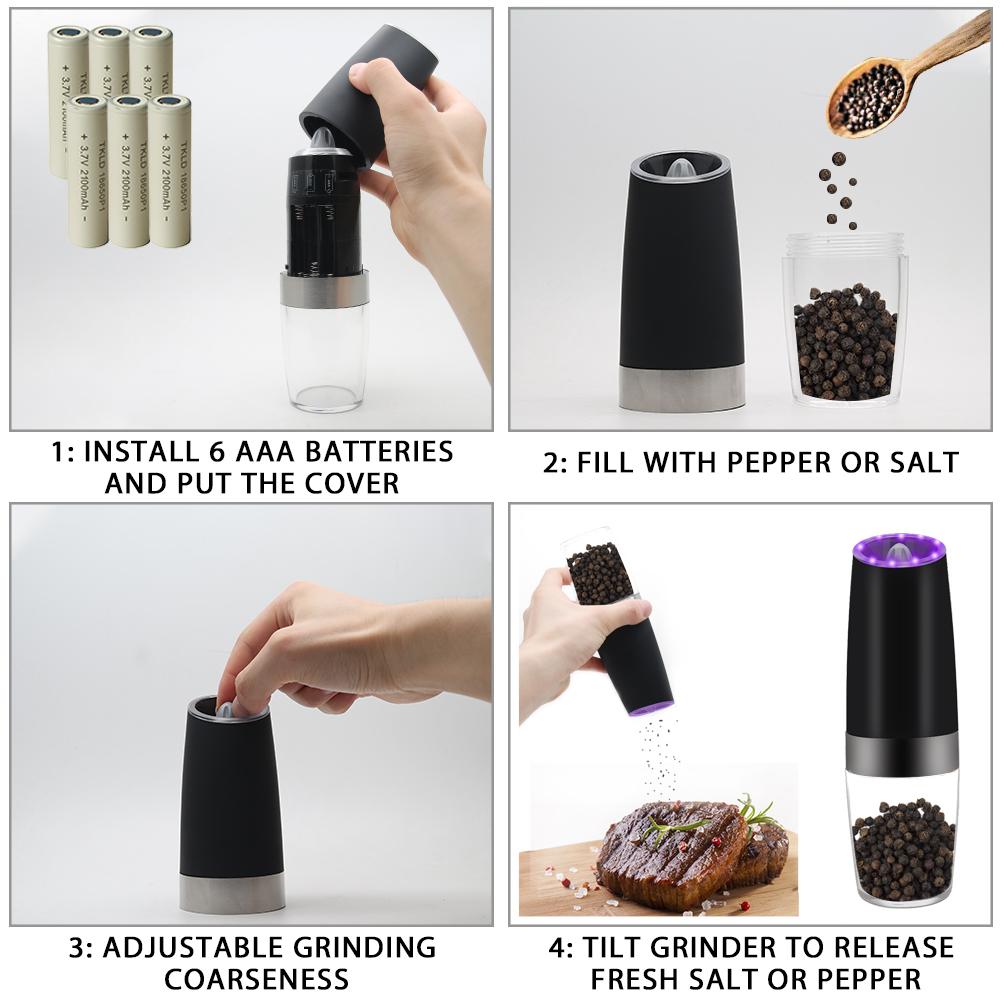 Electric Gravity Sensor Automatic Pepper Grinder with acrylic chamber and ceramic rotor, designed for easy seasoning.