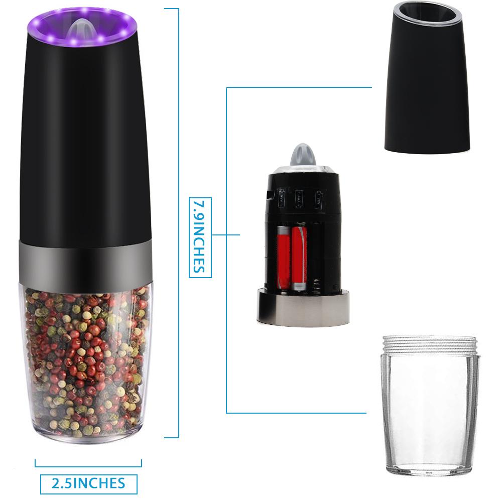 Electric Gravity Sensor Automatic Pepper Grinder with acrylic chamber and ceramic rotor, designed for easy seasoning.