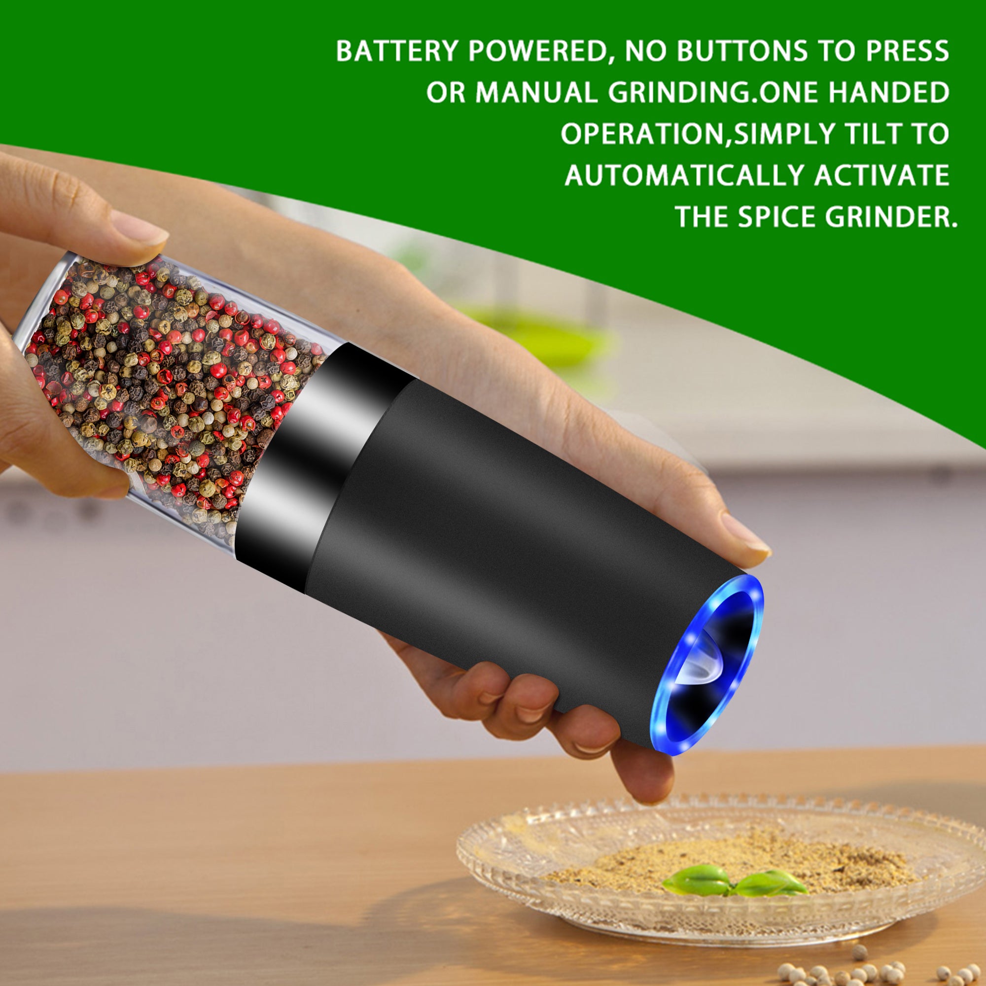 Electric Gravity Sensor Automatic Pepper Grinder with acrylic chamber and ceramic rotor, designed for easy seasoning.