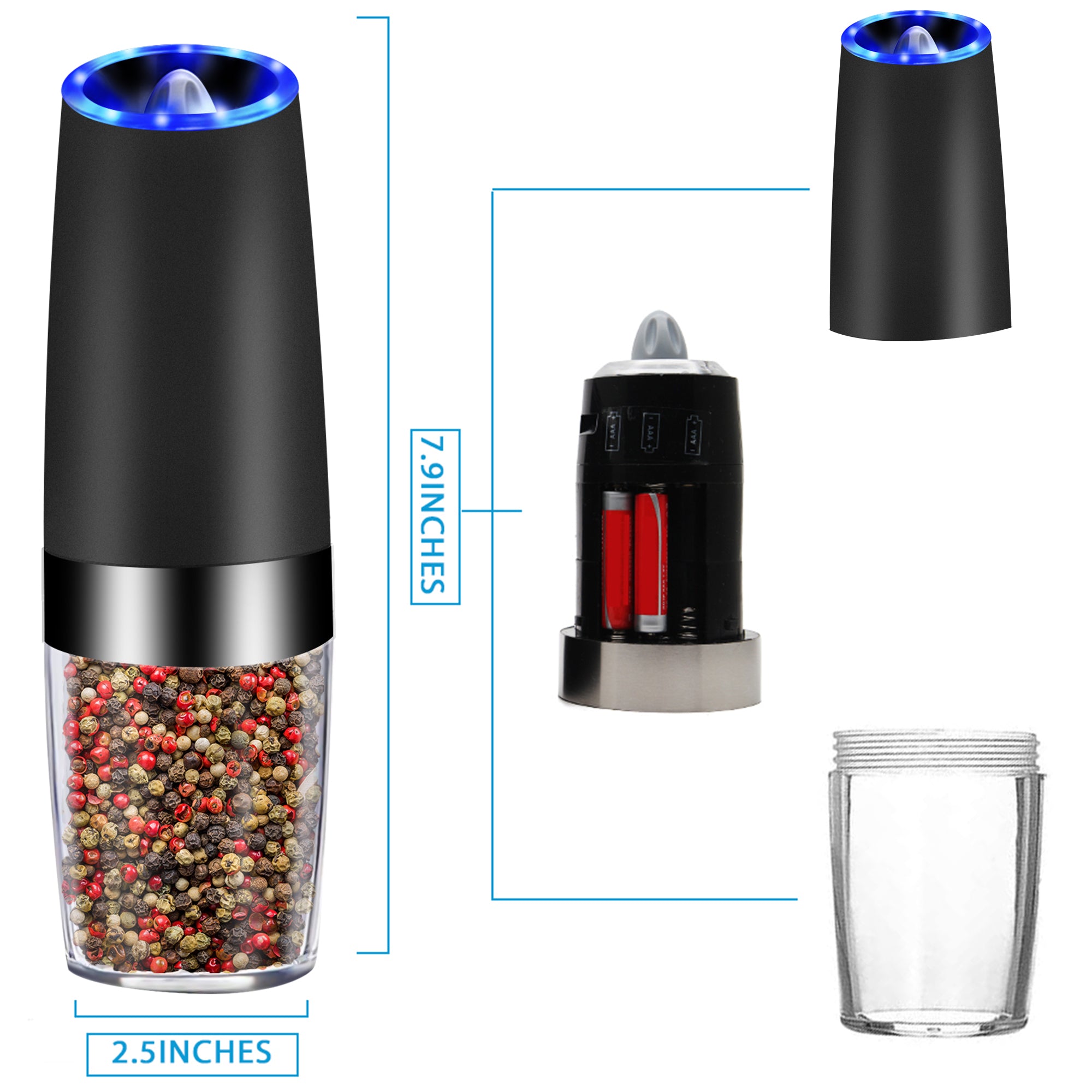 Electric Gravity Sensor Automatic Pepper Grinder with acrylic chamber and ceramic rotor, designed for easy seasoning.