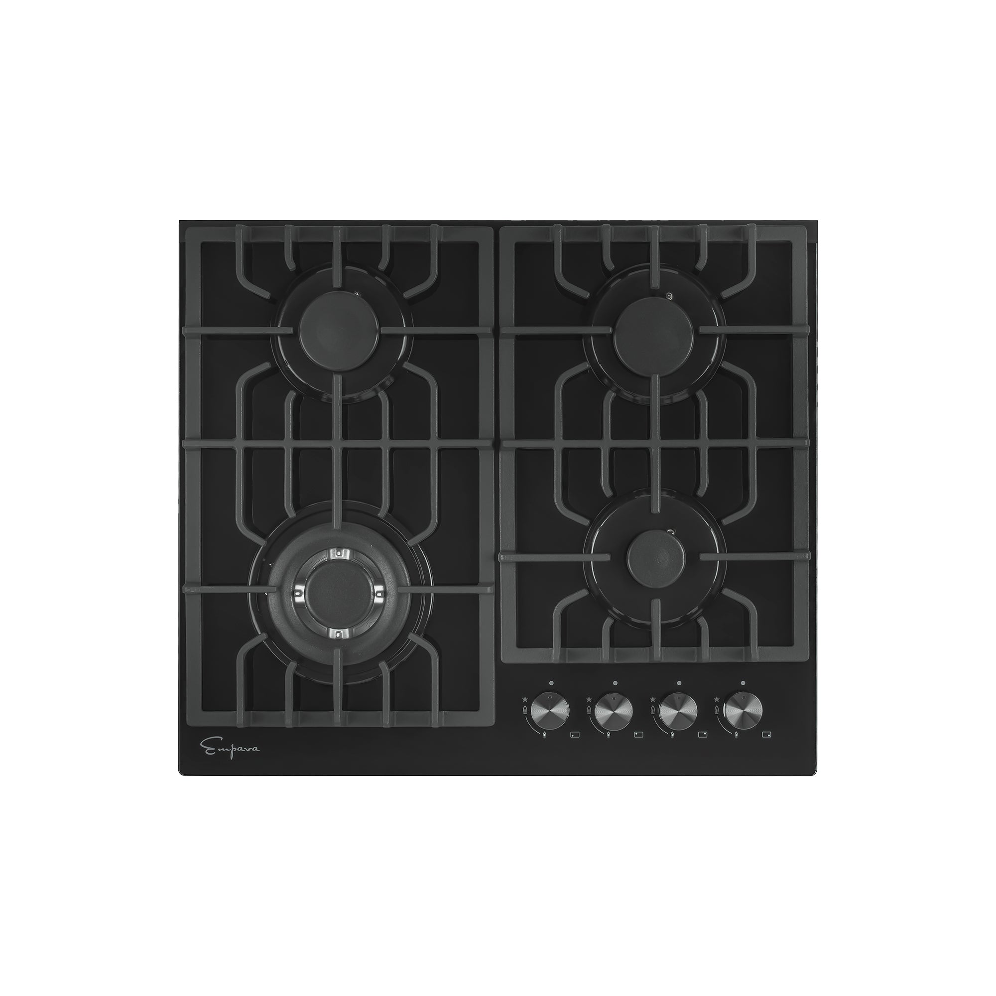 Empava 24GC28 24 in. Built-in Gas Cooktop with four burners and tempered glass surface, showcasing its sleek design and functionality.