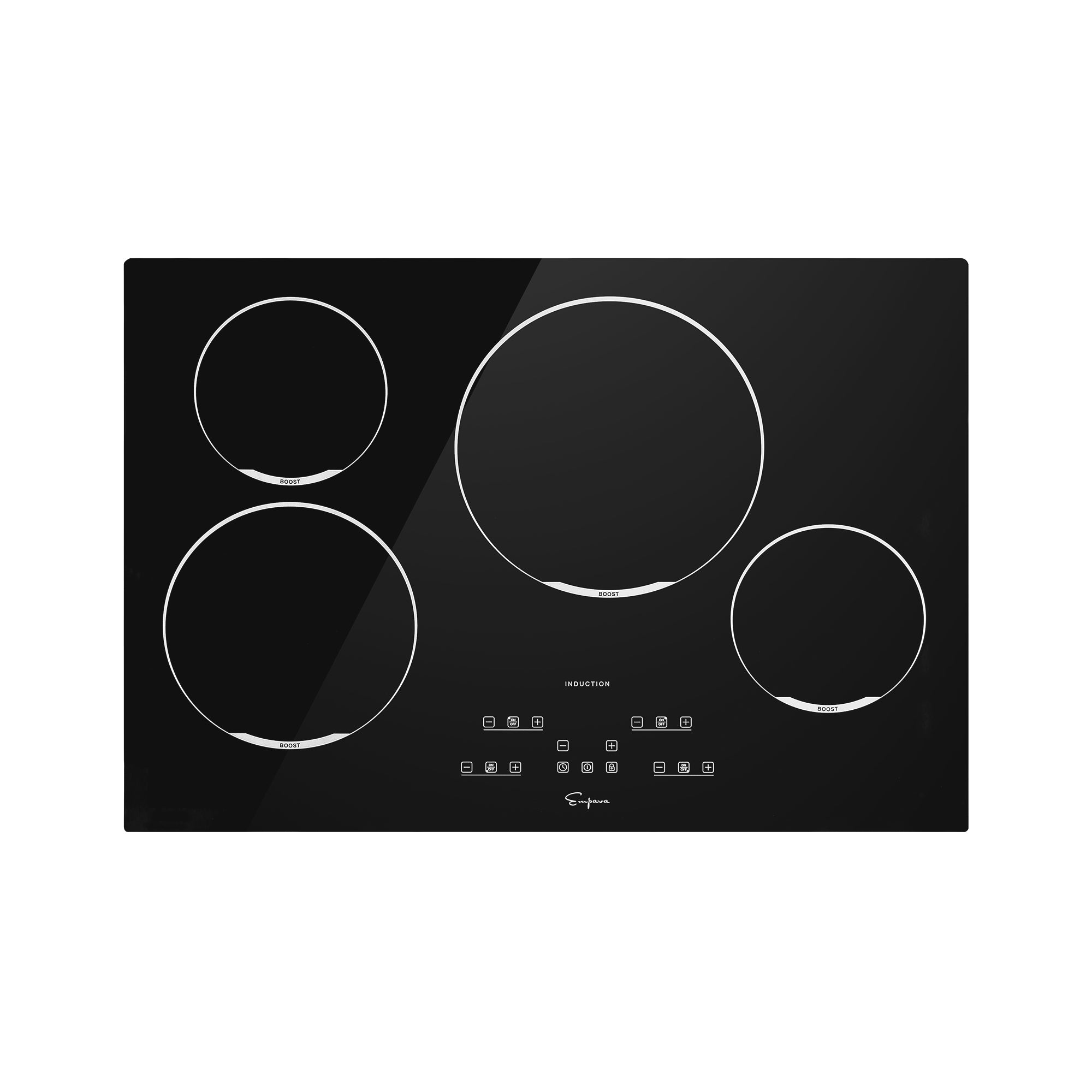 Empava 30 Inch 4 Elements Black Induction Cooktop with smooth tempered glass surface and four burners.