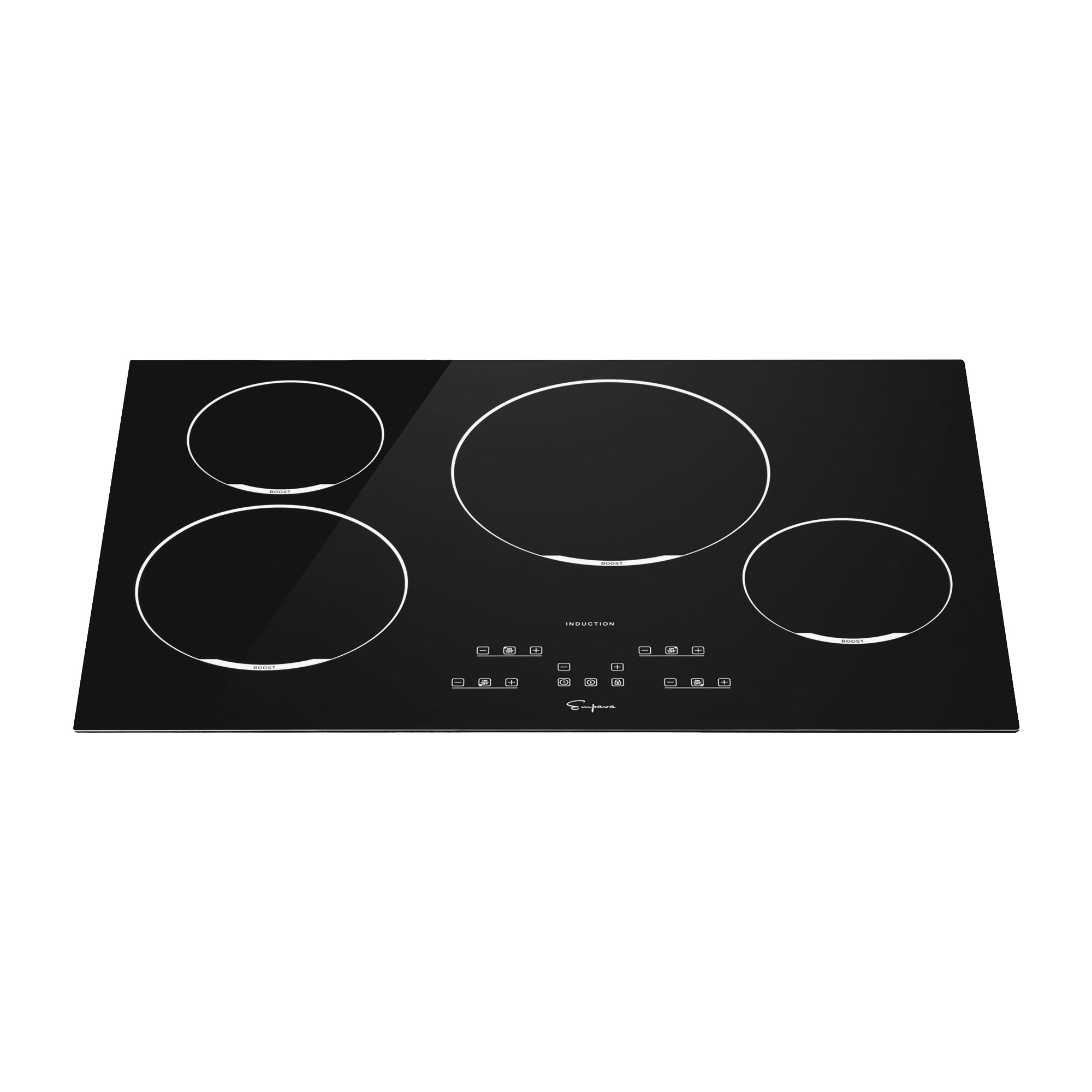 Empava 30 Inch 4 Elements Black Induction Cooktop with smooth tempered glass surface and four burners.