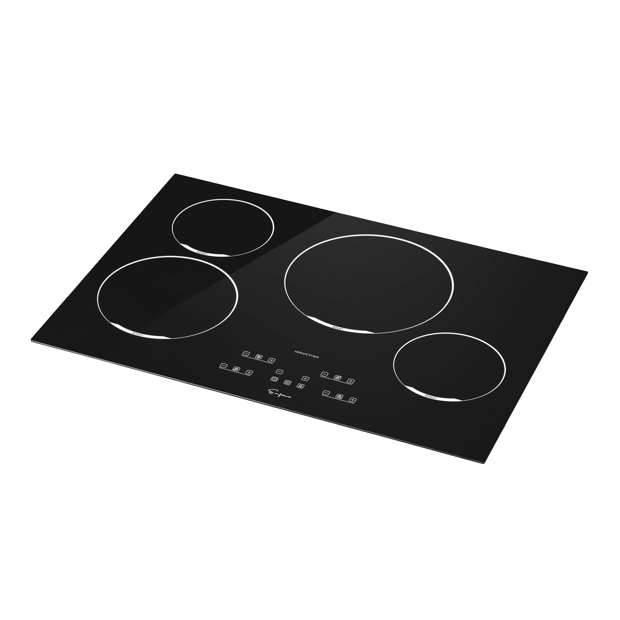 Empava 30 Inch 4 Elements Black Induction Cooktop with smooth tempered glass surface and four burners.