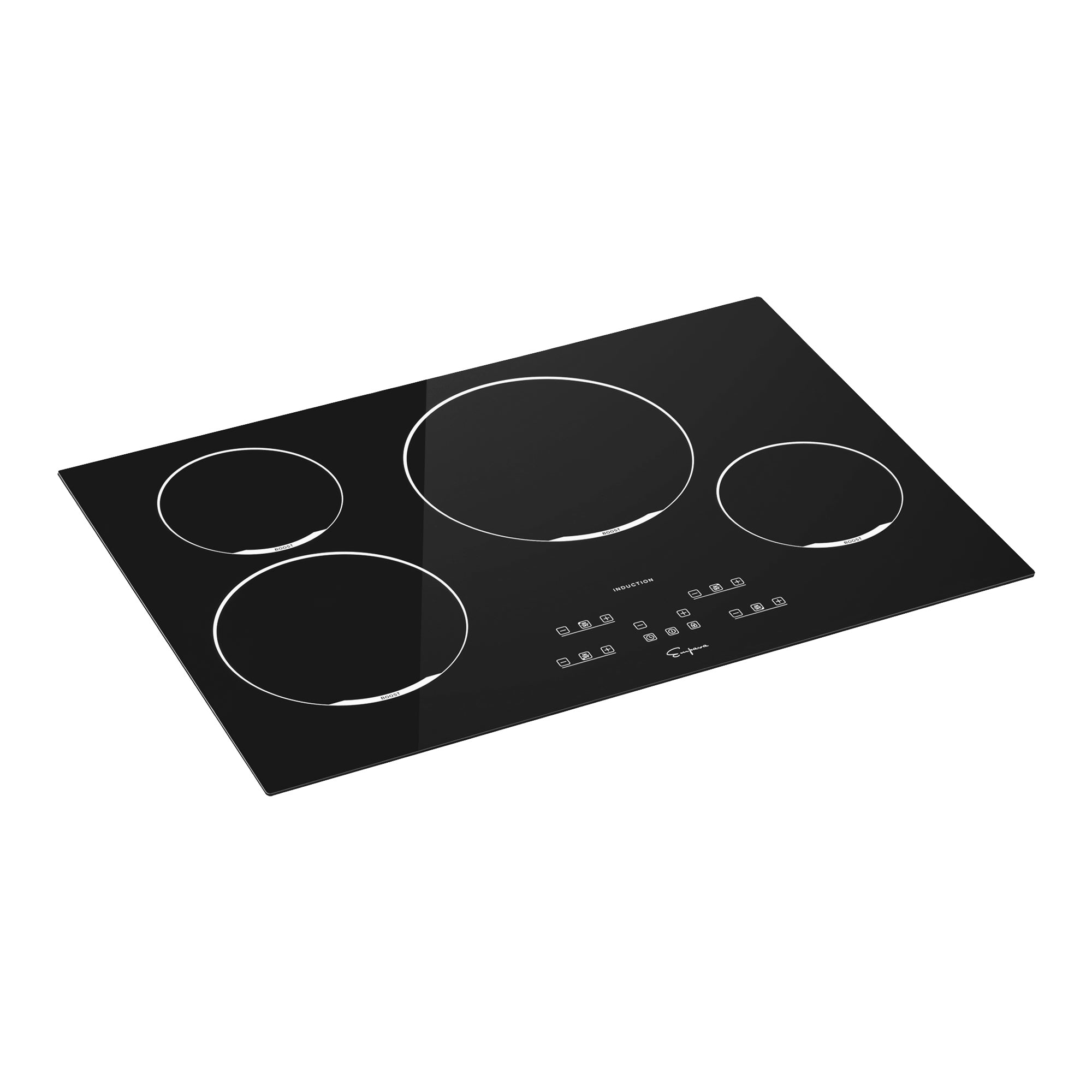 Empava 30 Inch 4 Elements Black Induction Cooktop with smooth tempered glass surface and four burners.