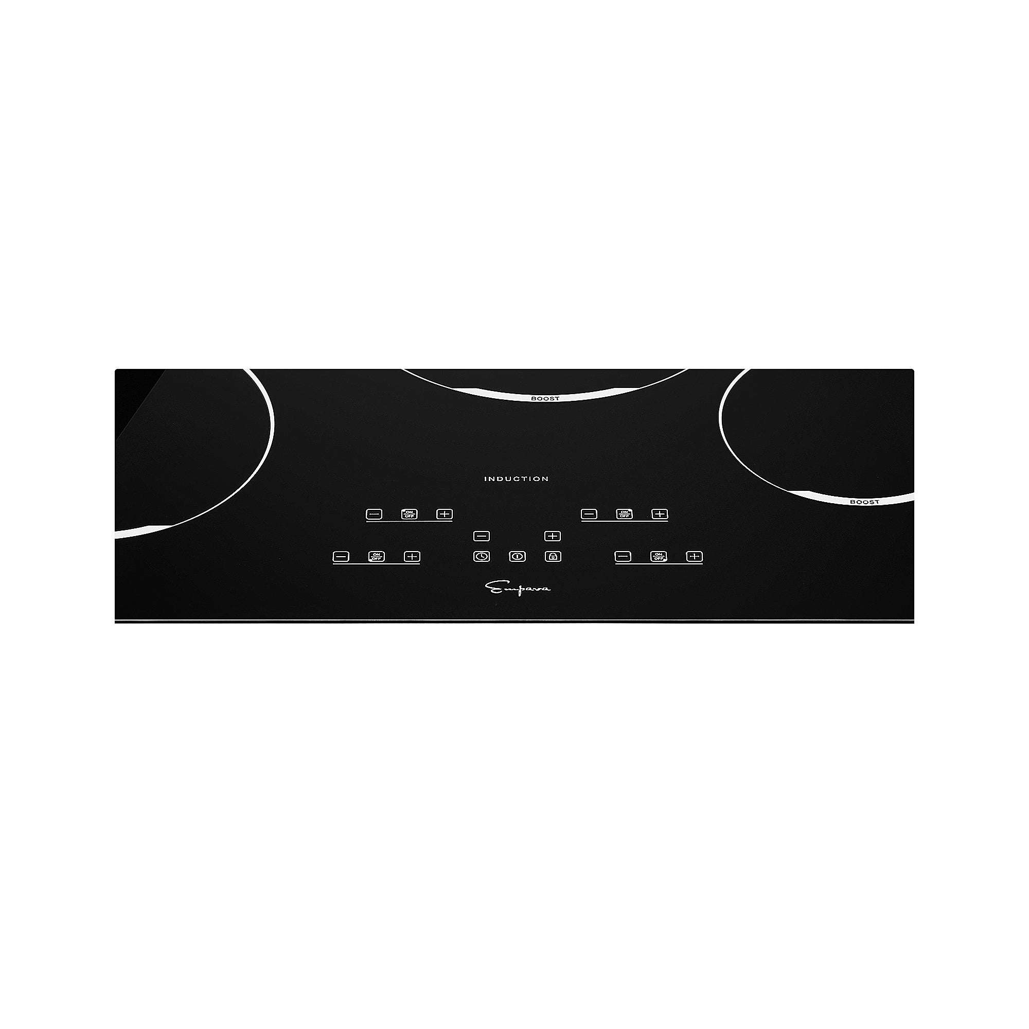 Empava 30 Inch 4 Elements Black Induction Cooktop with smooth tempered glass surface and four burners.