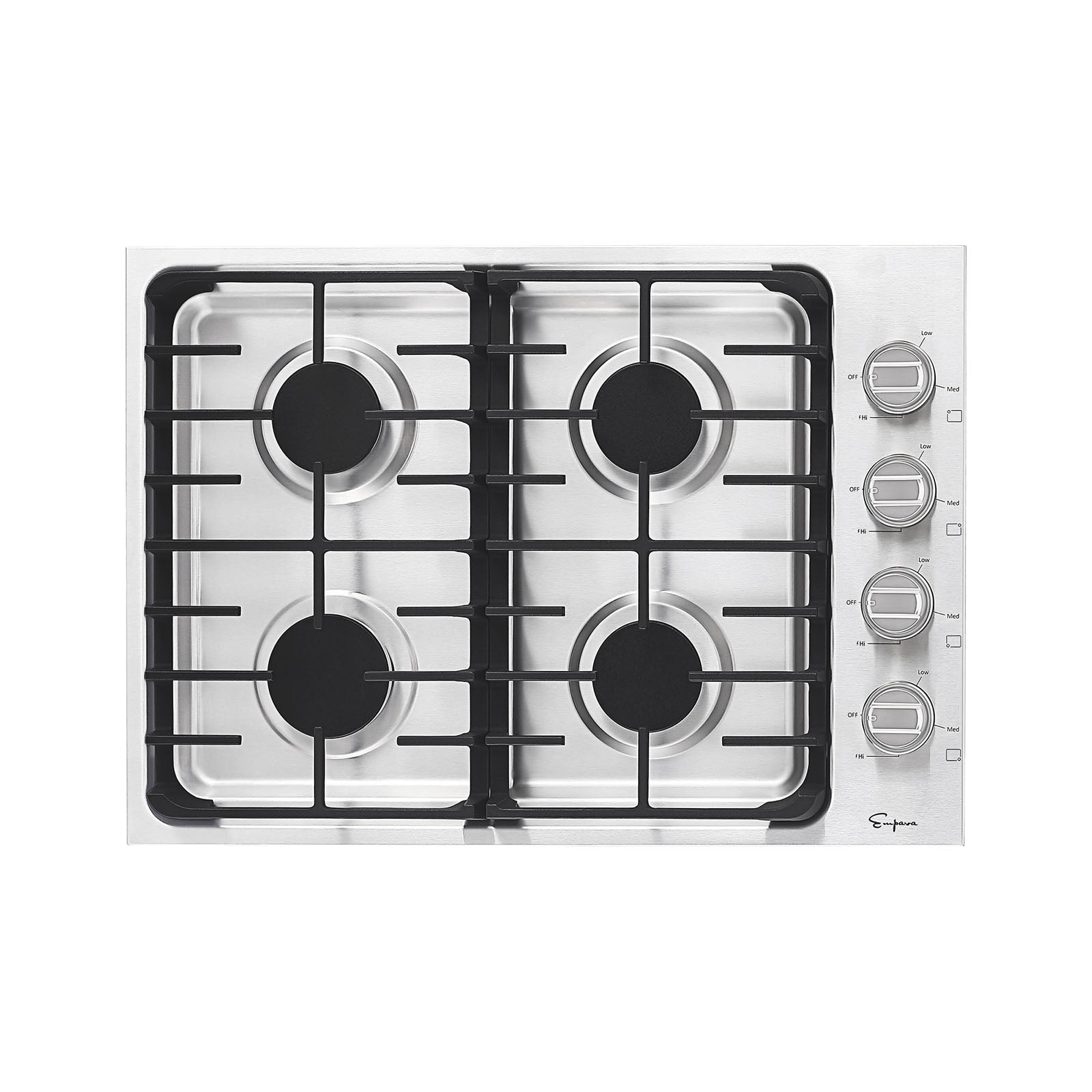 Empava 30GC33 30 in. Built-in Stainless Steel Gas Cooktop with four burners and sleek design.