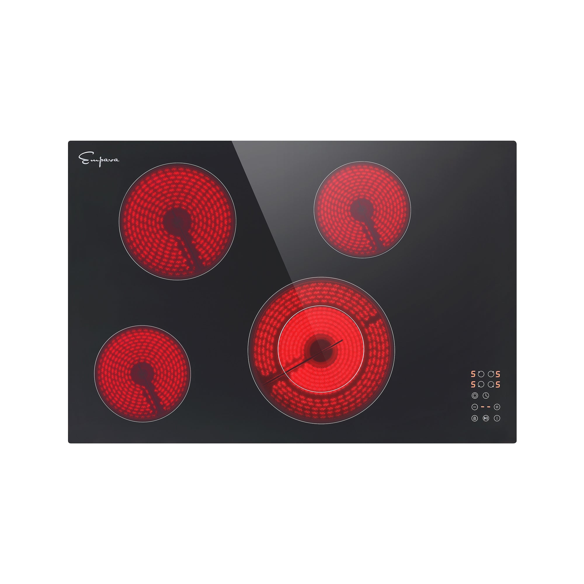 Empava 30 Inch Black Electric Radiant Cooktop with four burners and sleek black glass surface, designed for modern kitchens.