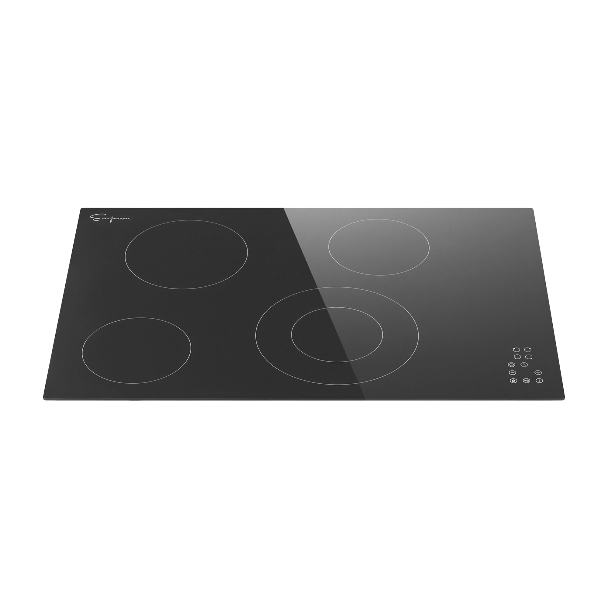 Empava 30 Inch Black Electric Radiant Cooktop with four burners and sleek black glass surface, designed for modern kitchens.