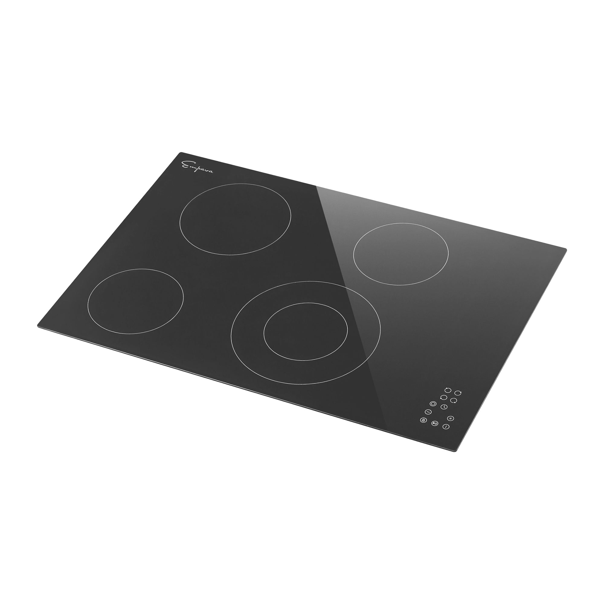 Empava 30 Inch Black Electric Radiant Cooktop with four burners and sleek black glass surface, designed for modern kitchens.