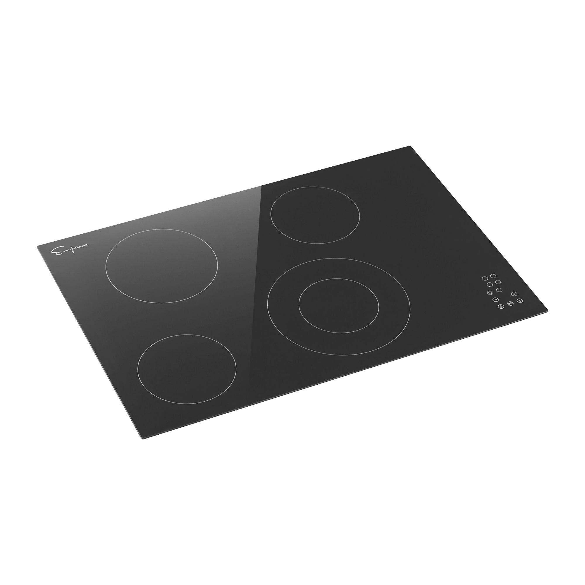 Empava 30 Inch Black Electric Radiant Cooktop with four burners and sleek black glass surface, designed for modern kitchens.