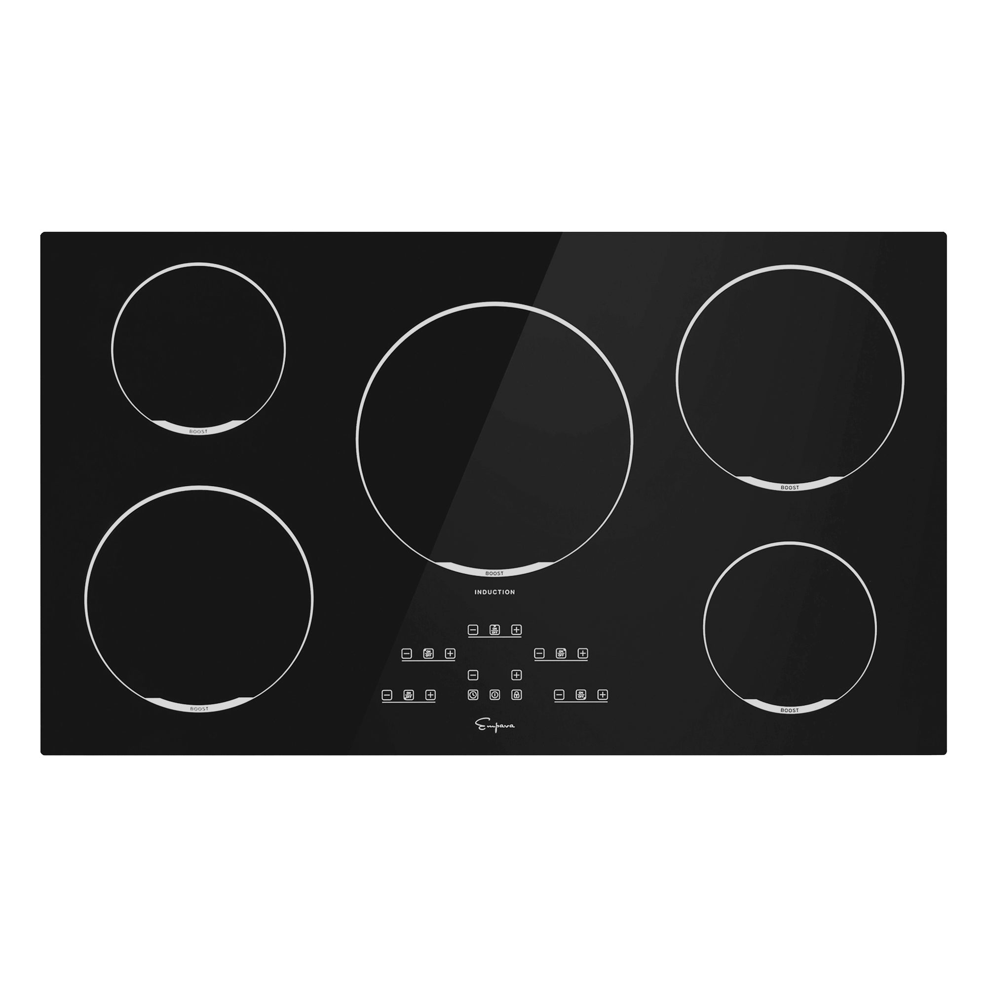 Empava 36 Inch 5 Elements Black Induction Cooktop with five cooking zones and digital controls.