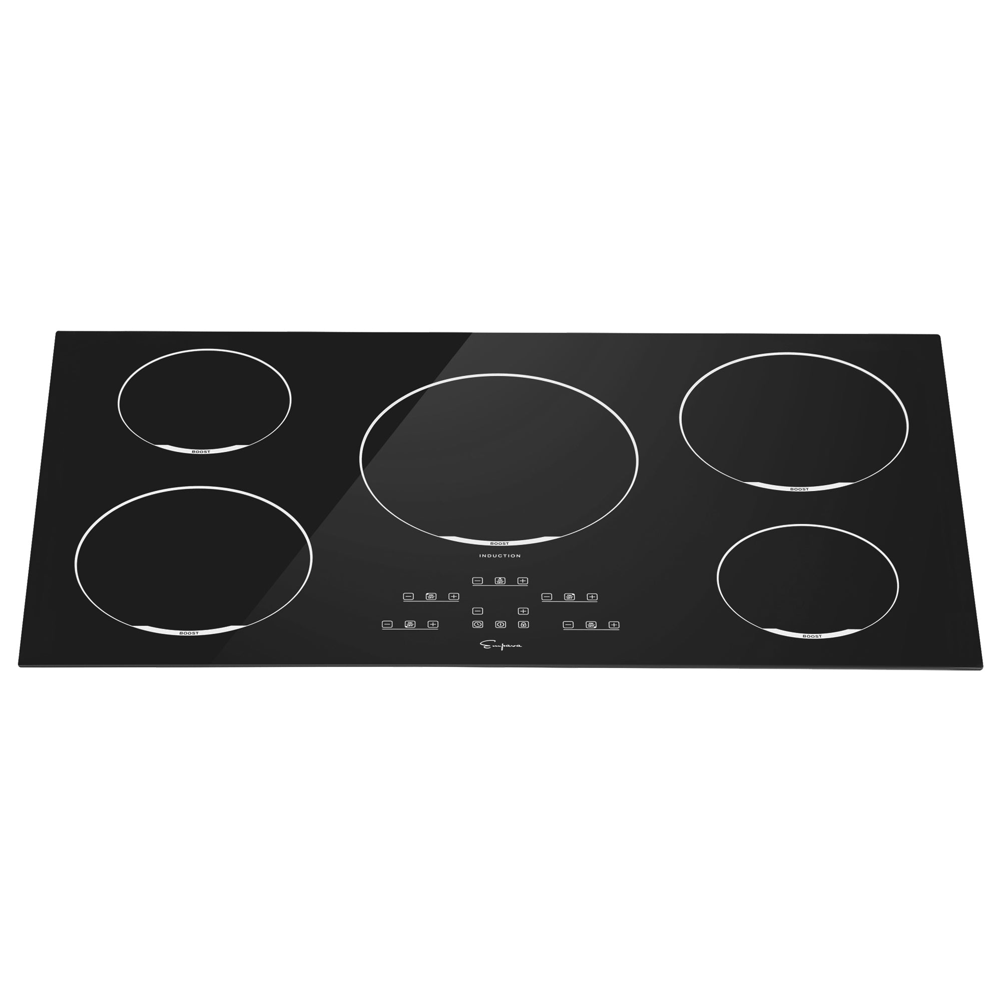 Empava 36 Inch 5 Elements Black Induction Cooktop with five cooking zones and digital controls.