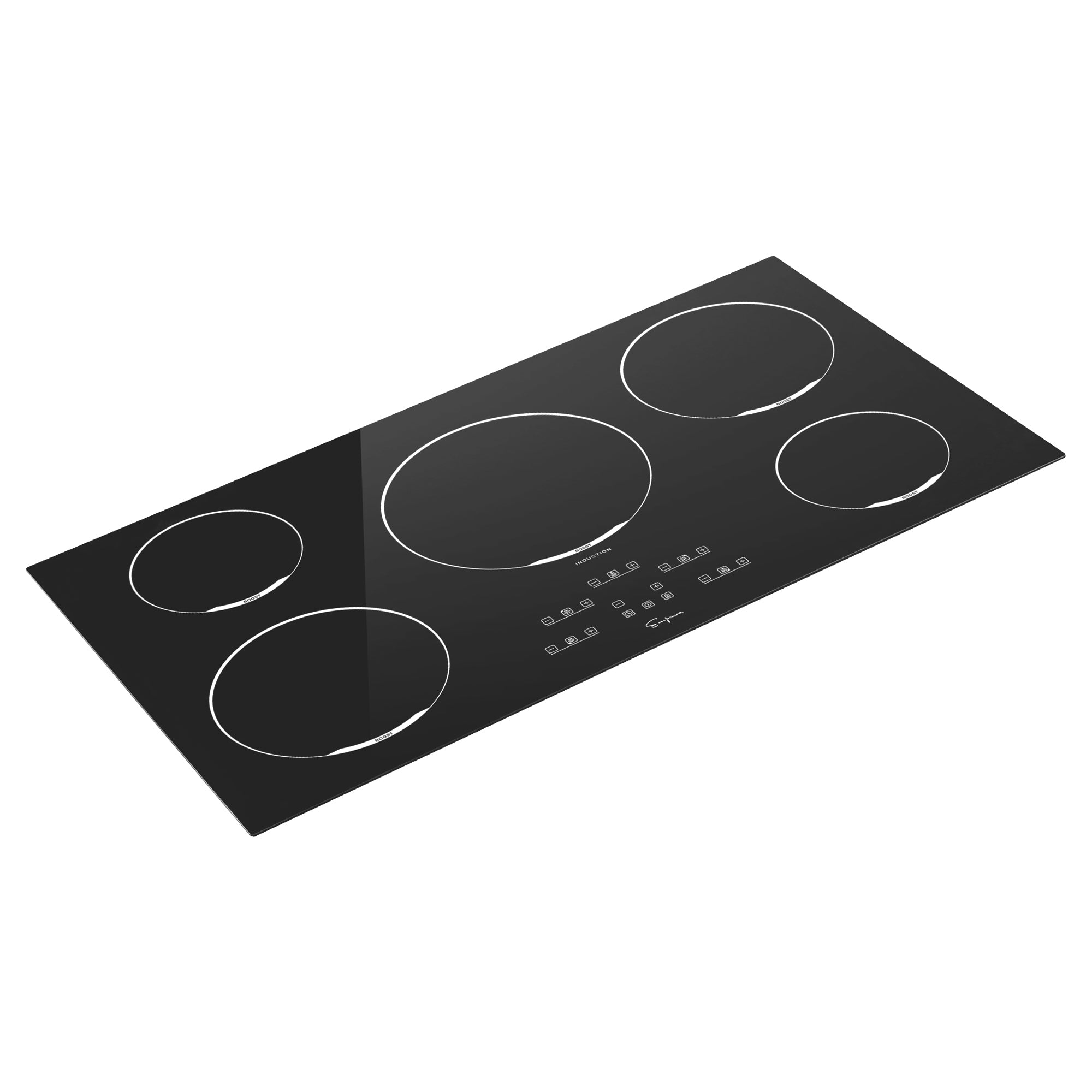 Empava 36 Inch 5 Elements Black Induction Cooktop with five cooking zones and digital controls.