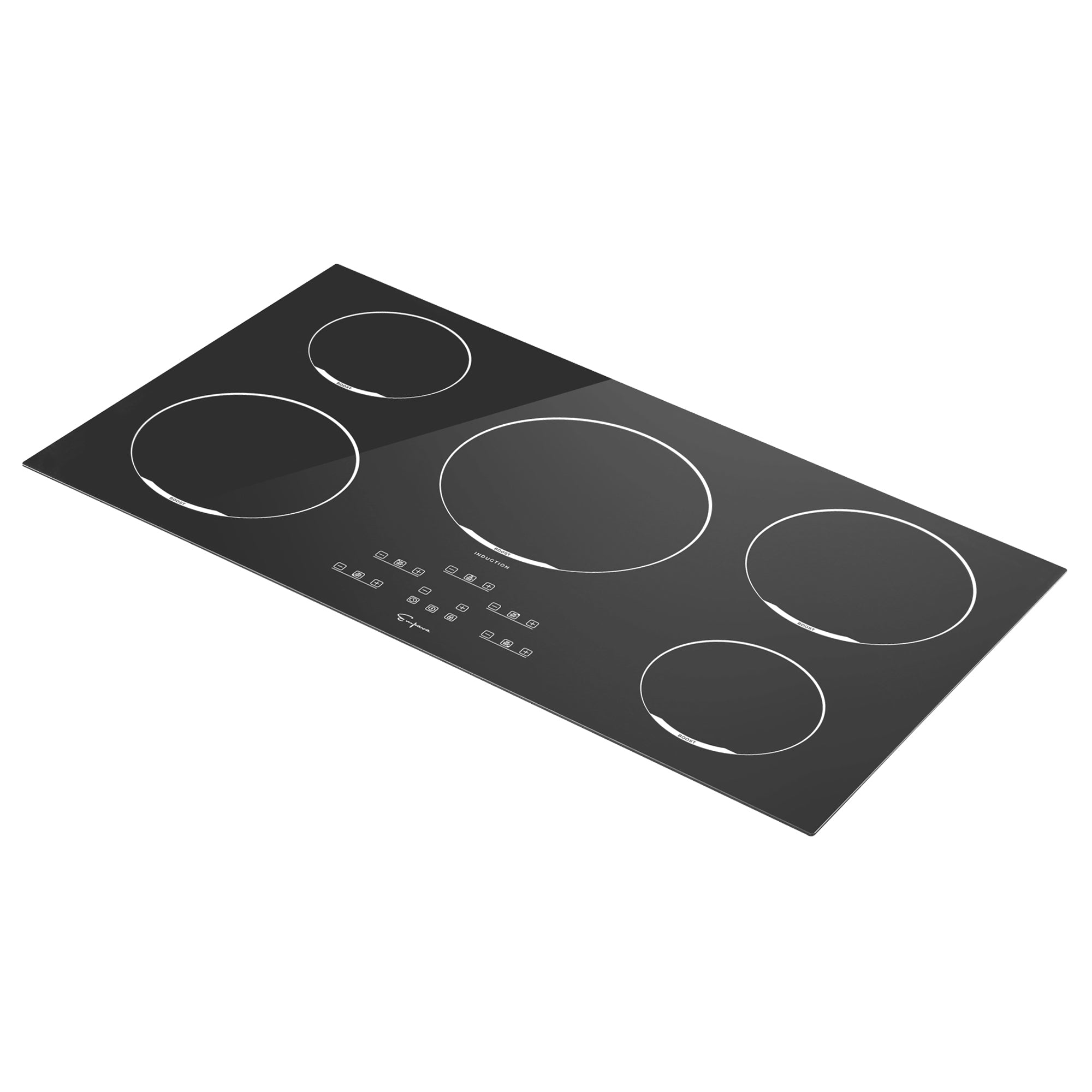 Empava 36 Inch 5 Elements Black Induction Cooktop with five cooking zones and digital controls.