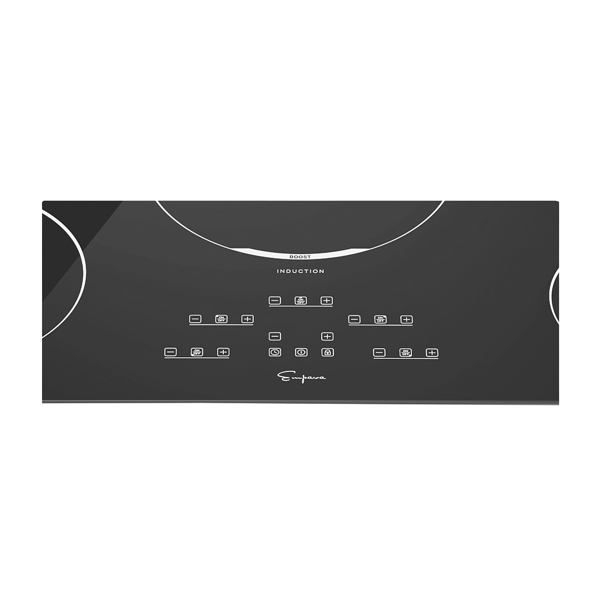 Empava 36 Inch 5 Elements Black Induction Cooktop with five cooking zones and digital controls.