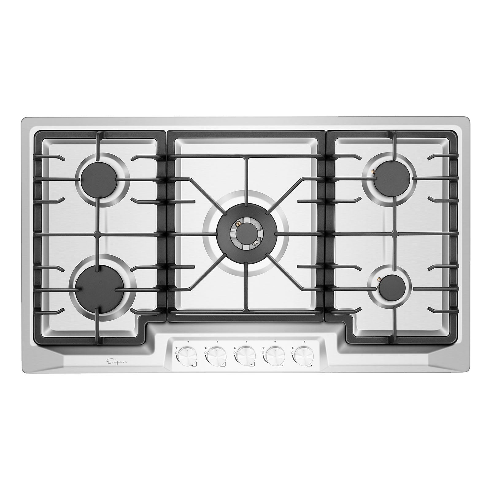 Empava 36GC23 Built-in Gas Cooktop with four burners and heavy cast iron grates, showcasing its sleek design and functionality.