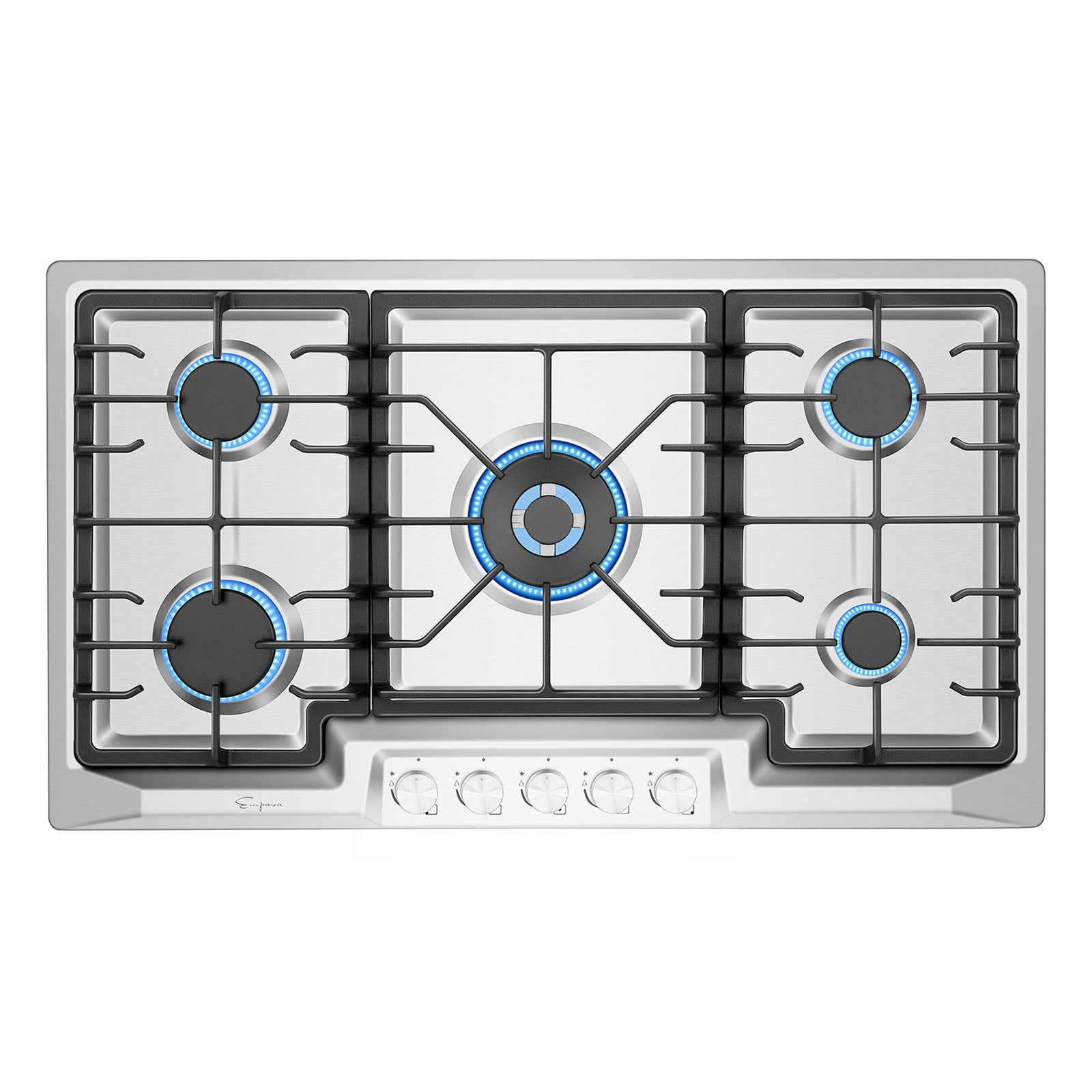 Empava 36GC23 Built-in Gas Cooktop with four burners and heavy cast iron grates, showcasing its sleek design and functionality.