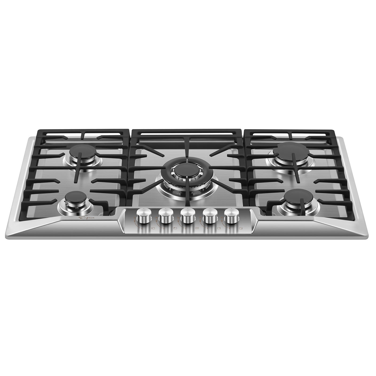 Empava 36GC23 Built-in Gas Cooktop with four burners and heavy cast iron grates, showcasing its sleek design and functionality.