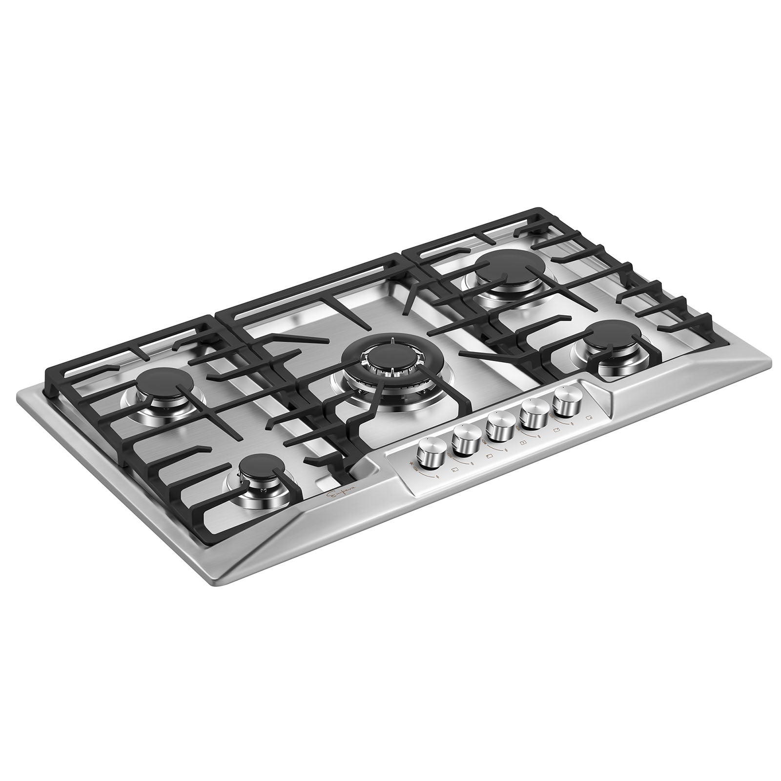 Empava 36GC23 Built-in Gas Cooktop with four burners and heavy cast iron grates, showcasing its sleek design and functionality.