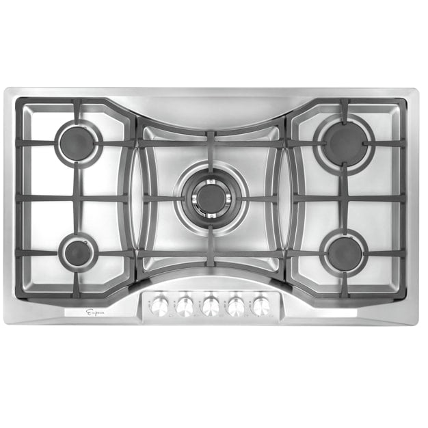 Empava 36GC24 Built-in Gas Cooktop with four burners and heavy cast iron grates, showcasing its sleek design and functionality.