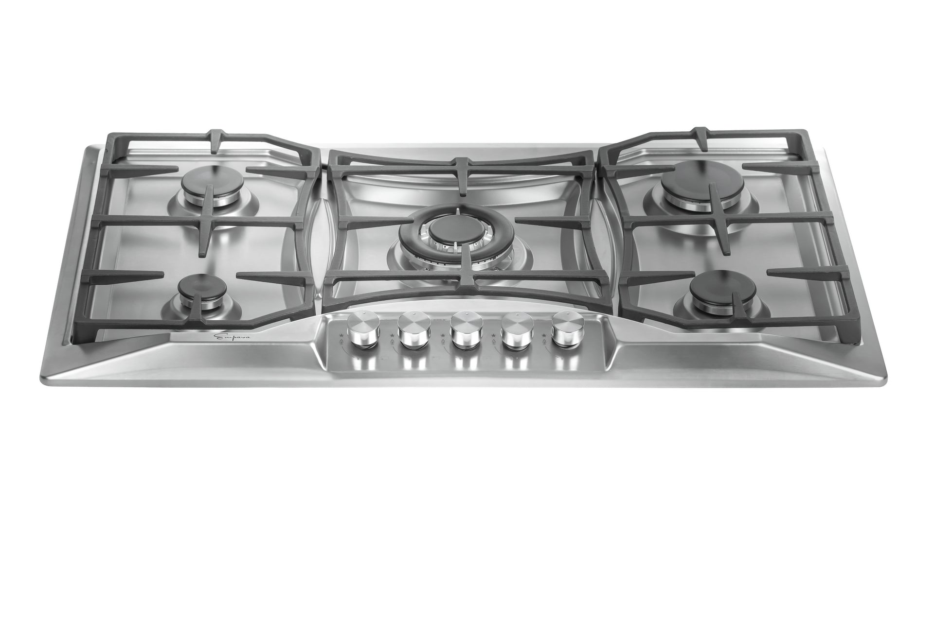 Empava 36GC24 Built-in Gas Cooktop with four burners and heavy cast iron grates, showcasing its sleek design and functionality.