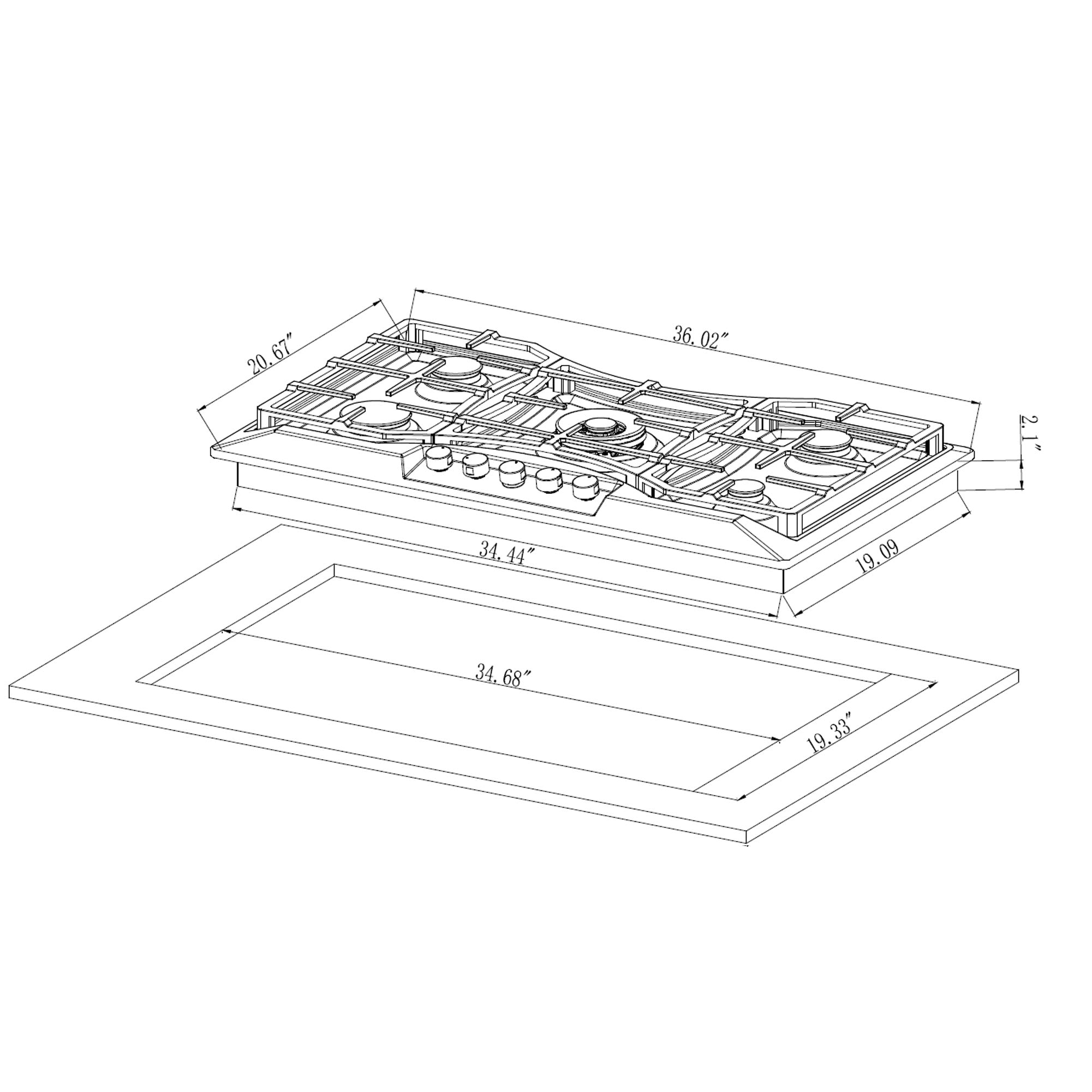 Empava 36GC24 Built-in Gas Cooktop with four burners and heavy cast iron grates, showcasing its sleek design and functionality.