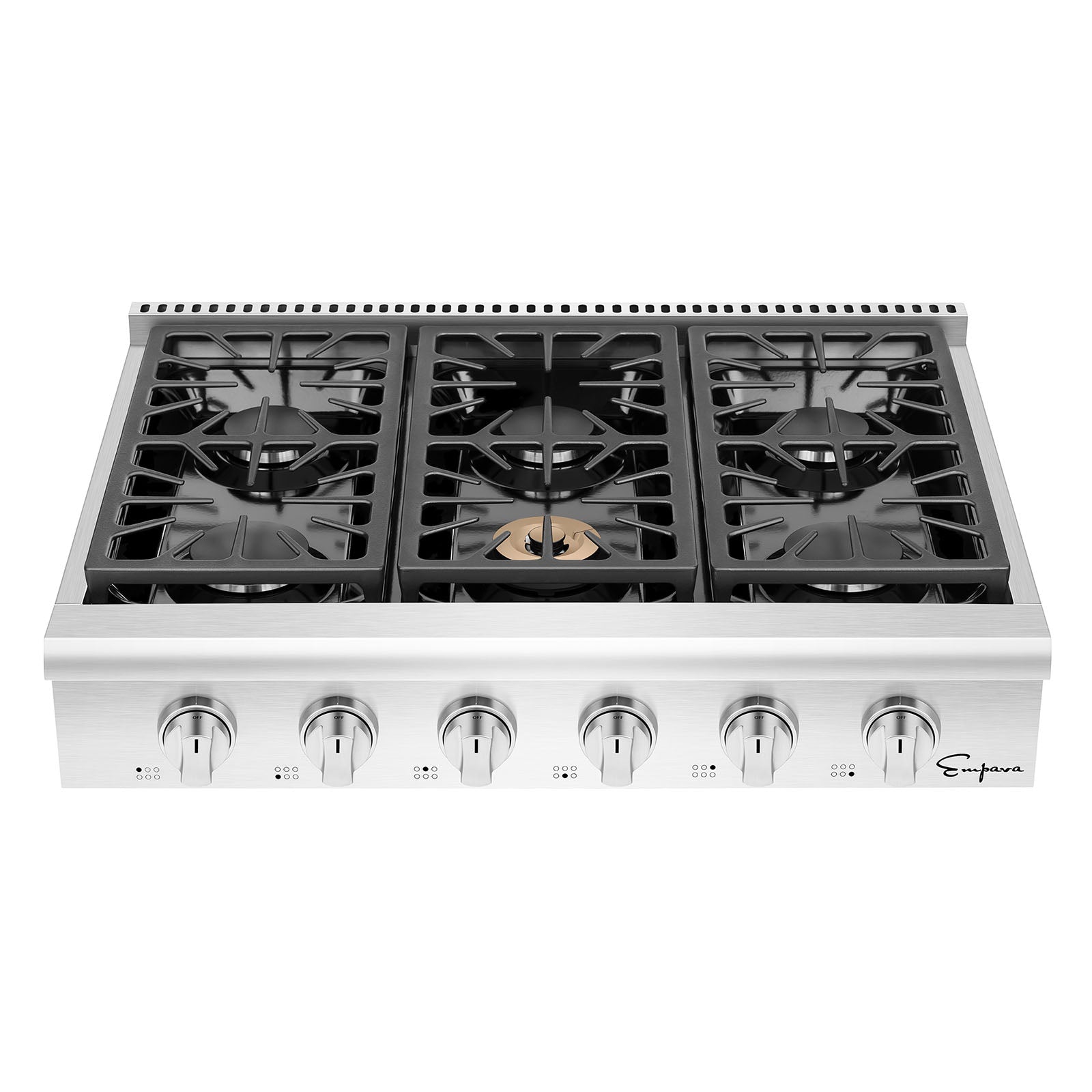 Empava 36GC31 Pro-style 36 In. Slide-in Gas Cooktop with six burners and stainless-steel finish, designed for efficient cooking.