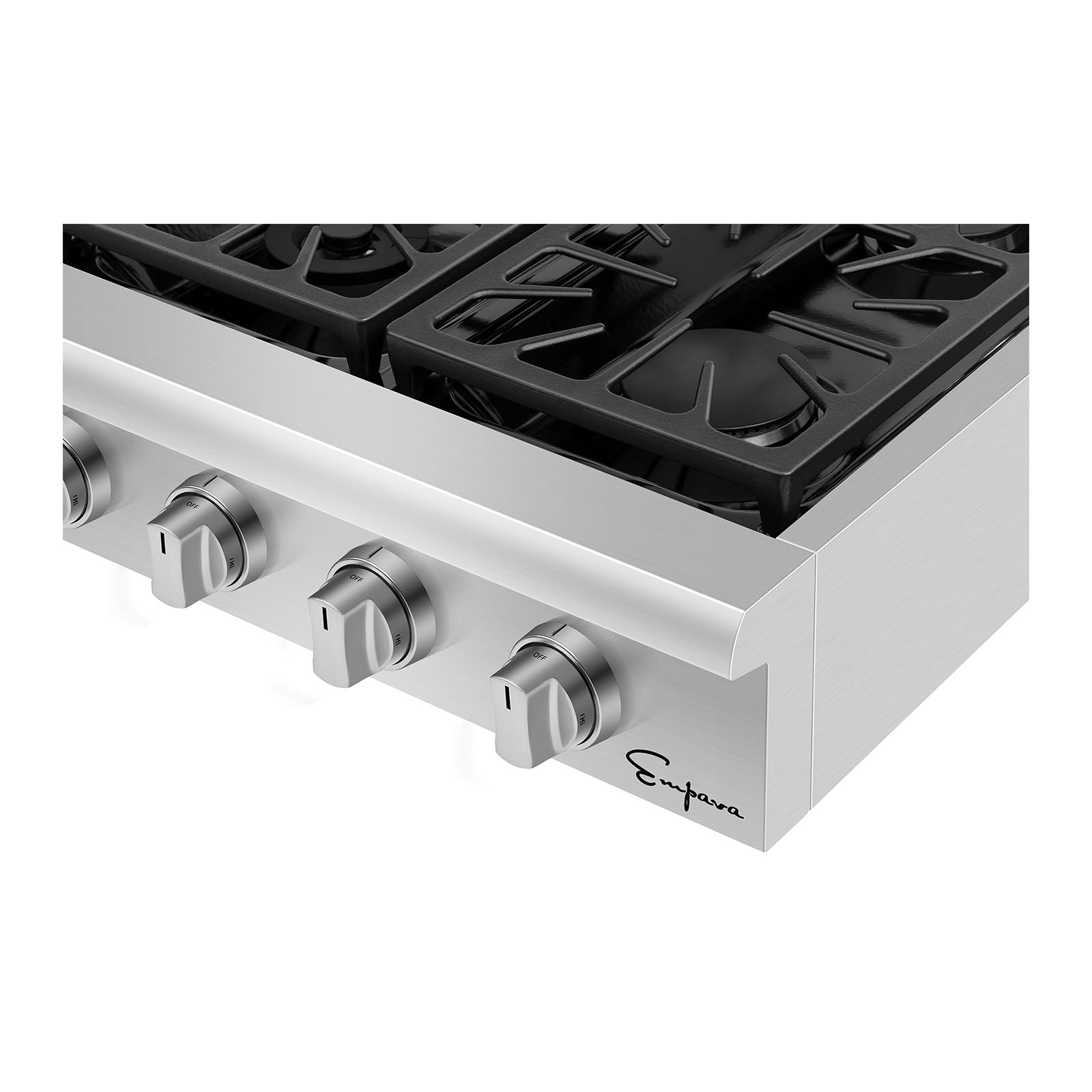 Empava 36GC31 Pro-style 36 In. Slide-in Gas Cooktop with six burners and stainless-steel finish, designed for efficient cooking.