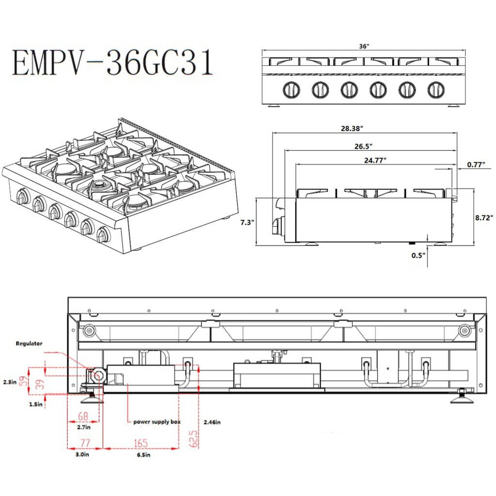 Empava 36GC31 Pro-style 36 In. Slide-in Gas Cooktop with six burners and stainless-steel finish, designed for efficient cooking.