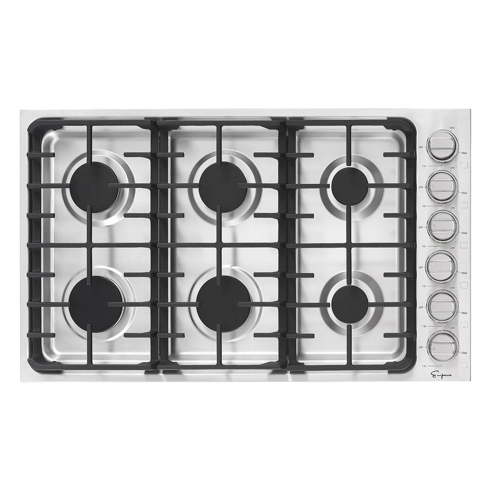 Empava 36 in. Built-in Gas Cooktop with six burners and cast-iron grates, showcasing a sleek stainless steel finish.