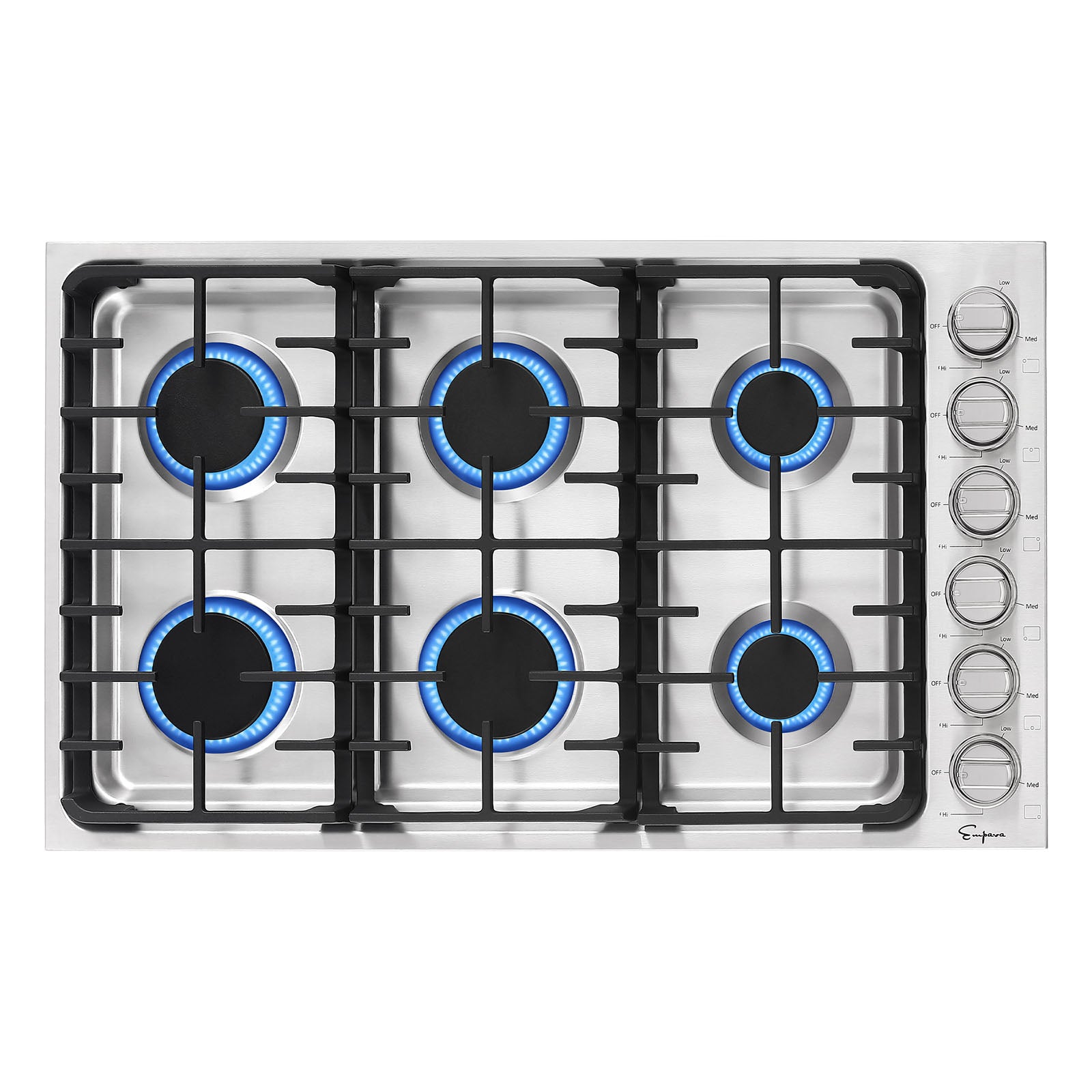 Empava 36 in. Built-in Gas Cooktop with six burners and cast-iron grates, showcasing a sleek stainless steel finish.